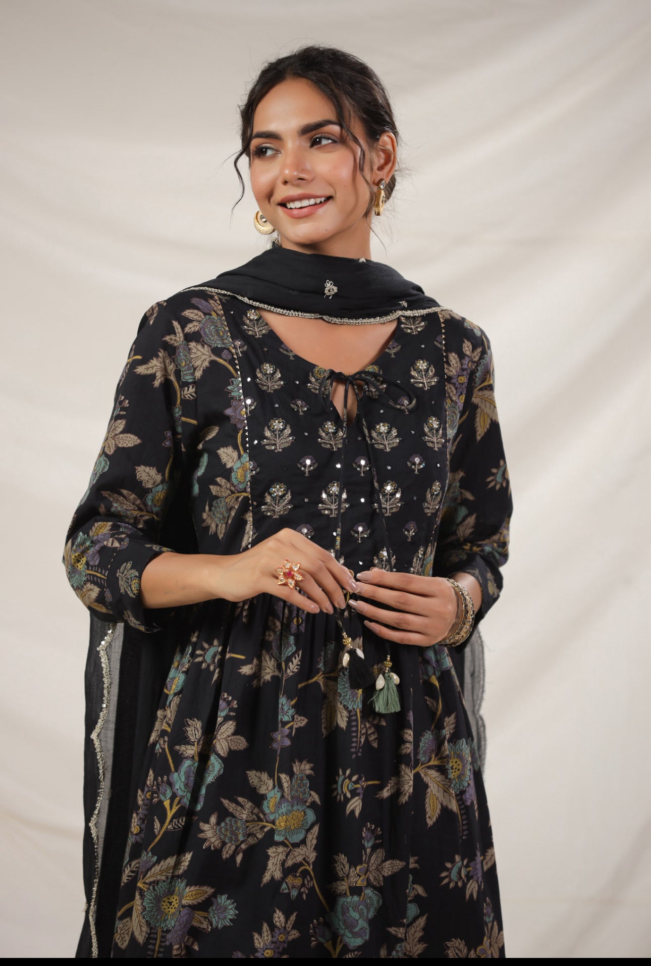 Black floral hand black cotton