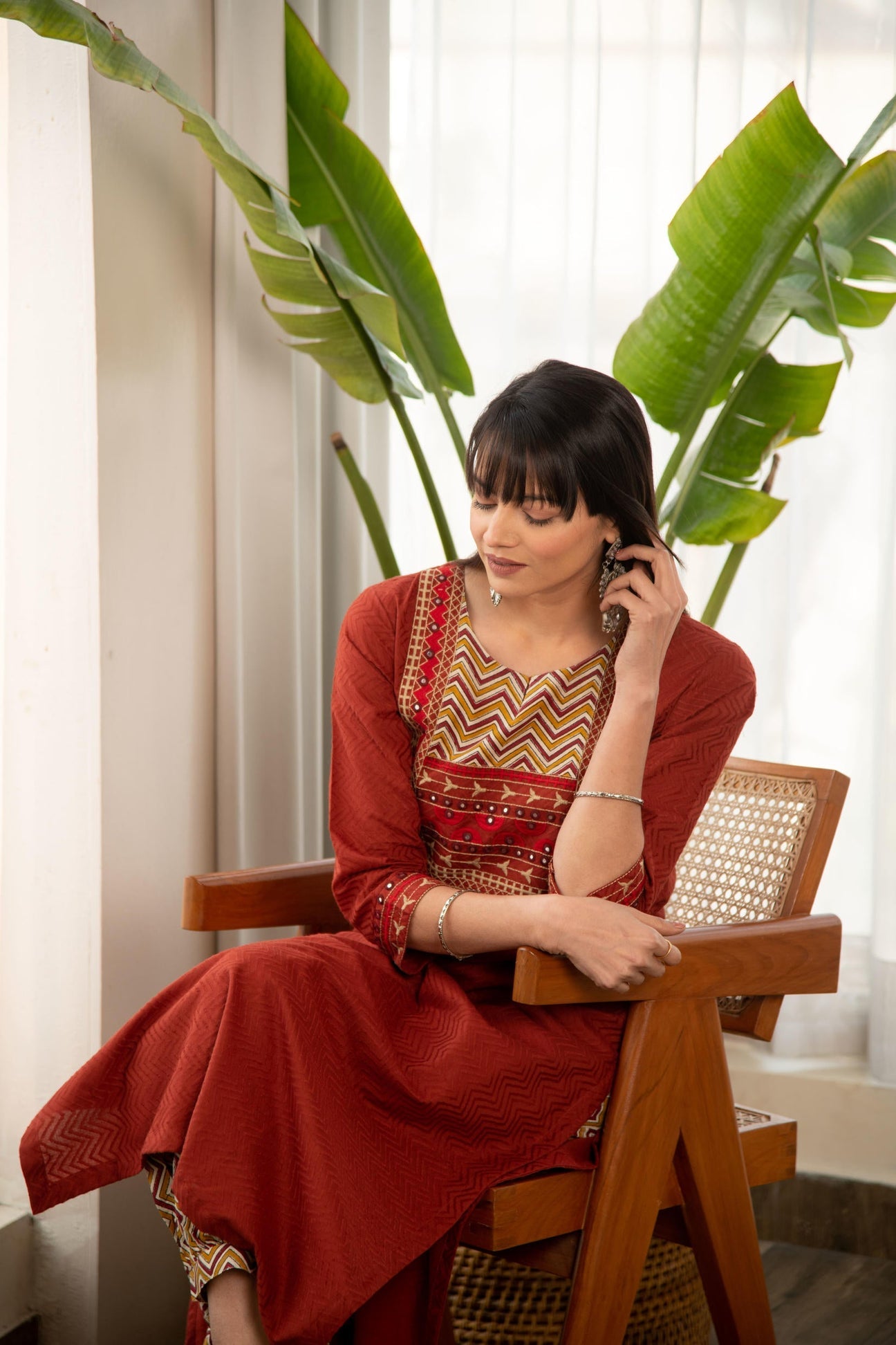 Rust Dobby Straight Kurta with Afghani bottom
