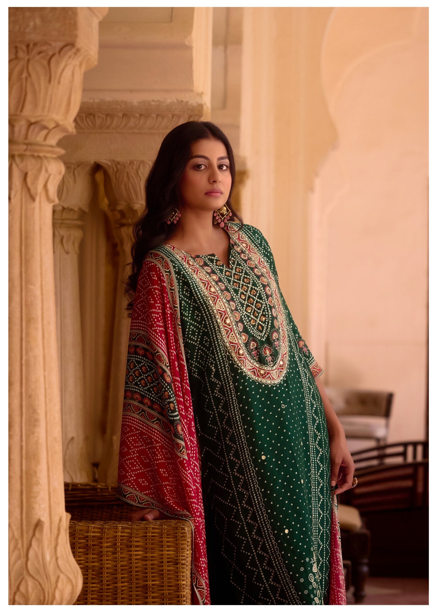 Bottle green Bandhani Russian silk suit