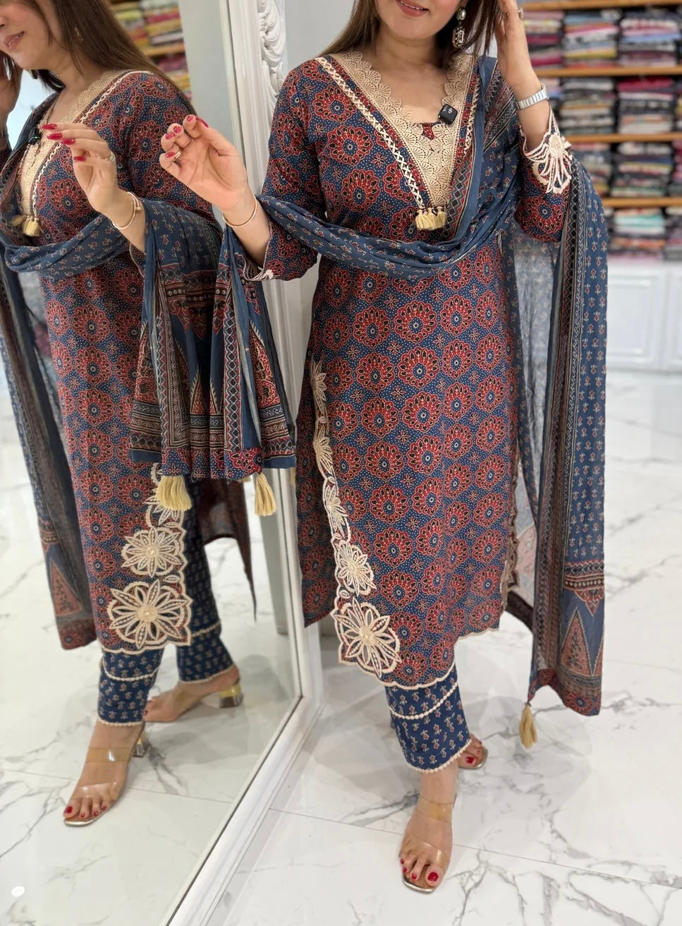 Cotton blue ajrakh cut work