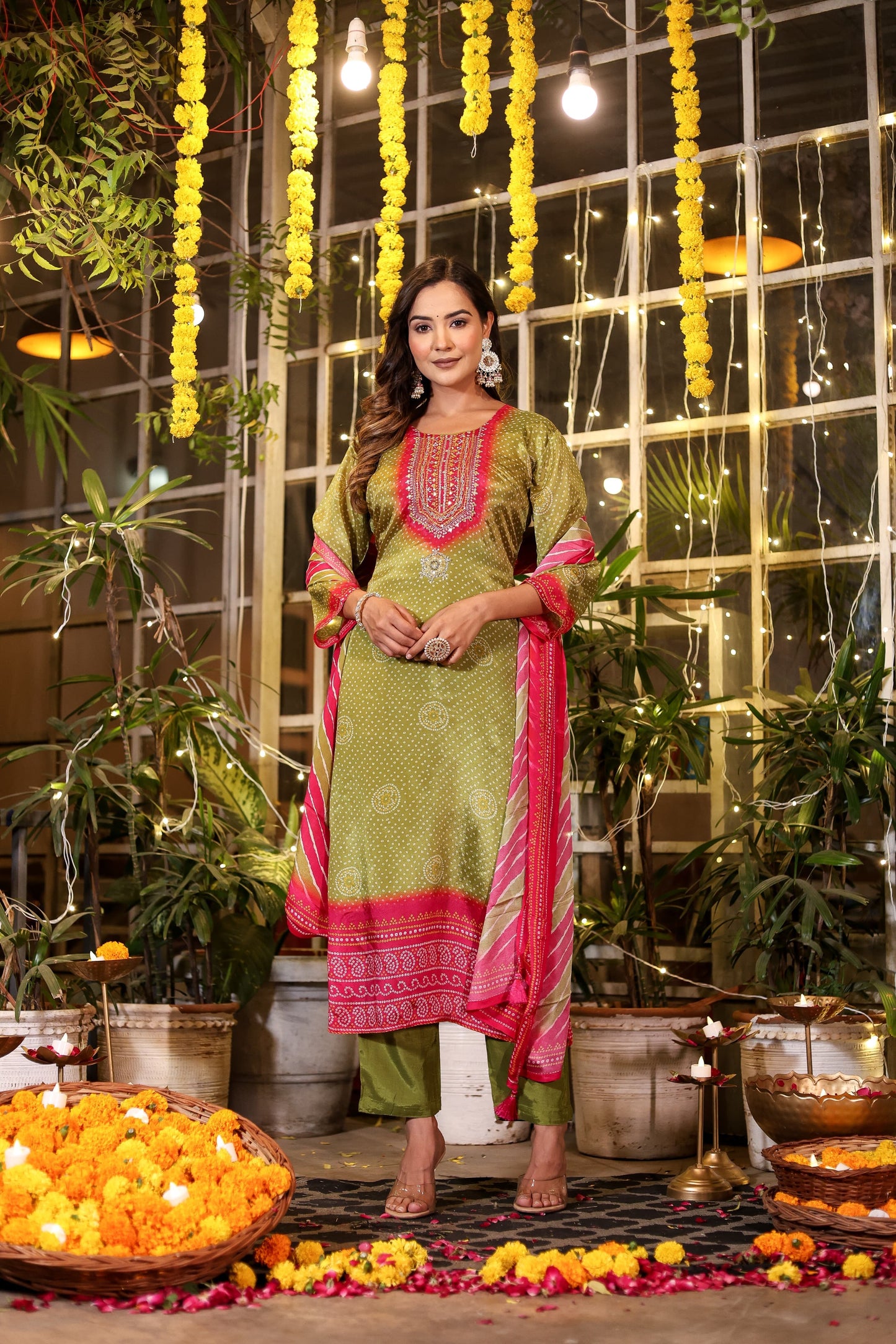 Green Bandhani chinon suit