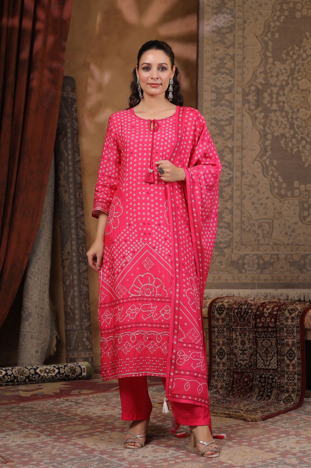 Pink Bandhani muslin silk suit
