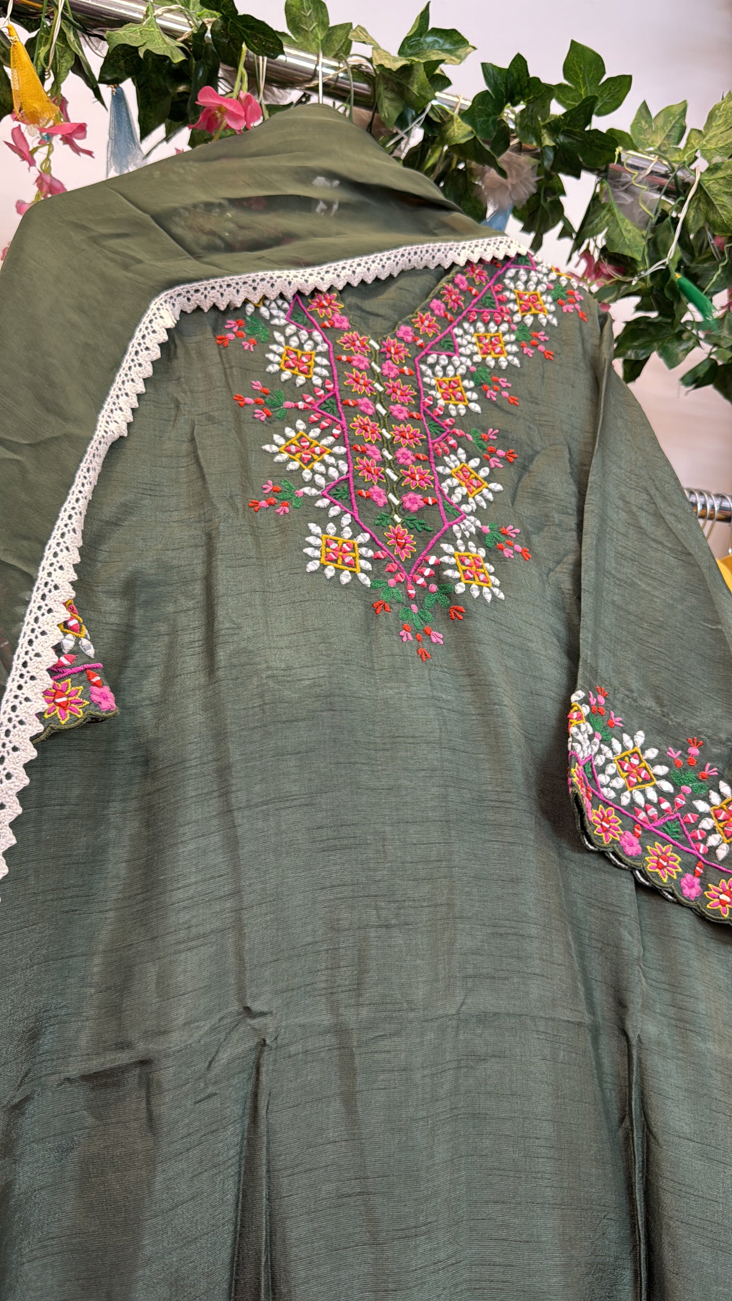 Green multi shades embroidery silk suit