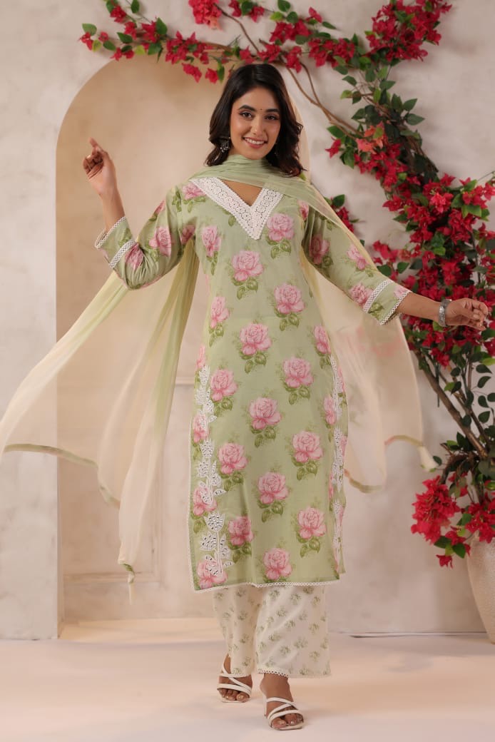 Floral pista green cotton adaa suit
