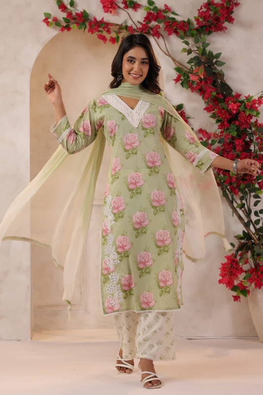 Floral pista green cotton adaa suit
