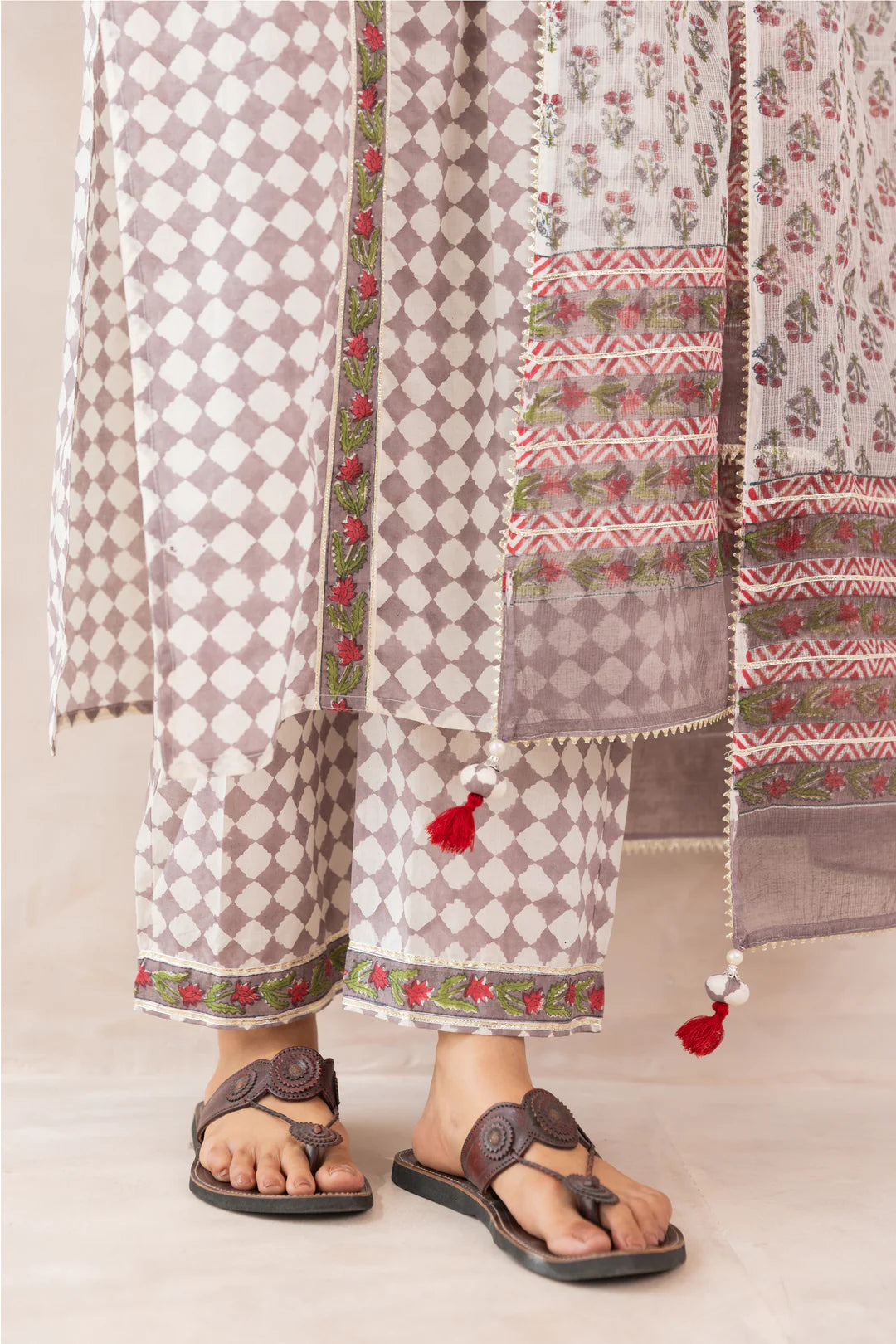 Grey COTTON BLOCK PRINT CHECKS FRONT GATHER KURTA SET