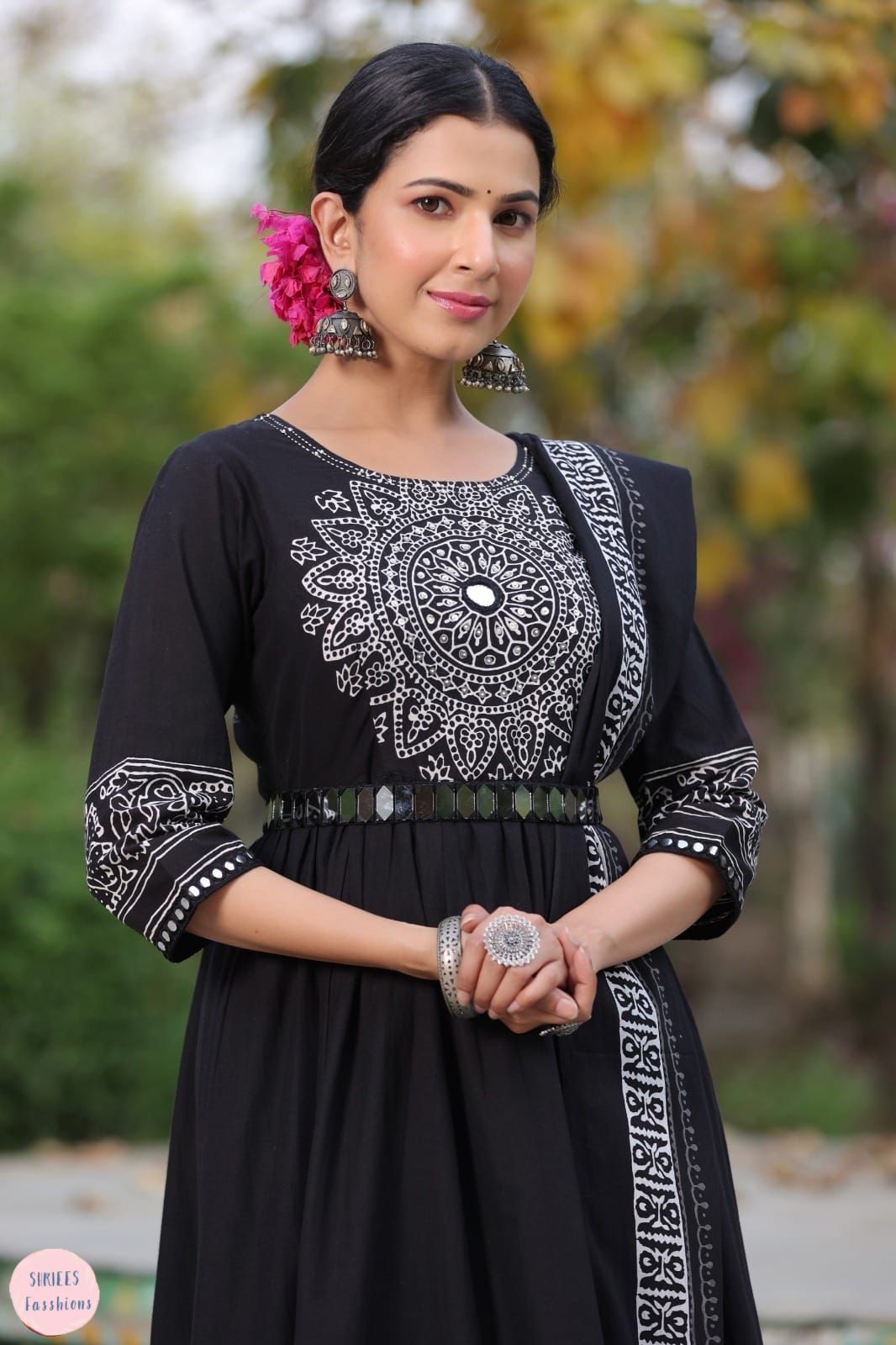 Black Kutch gown with real mirror belt