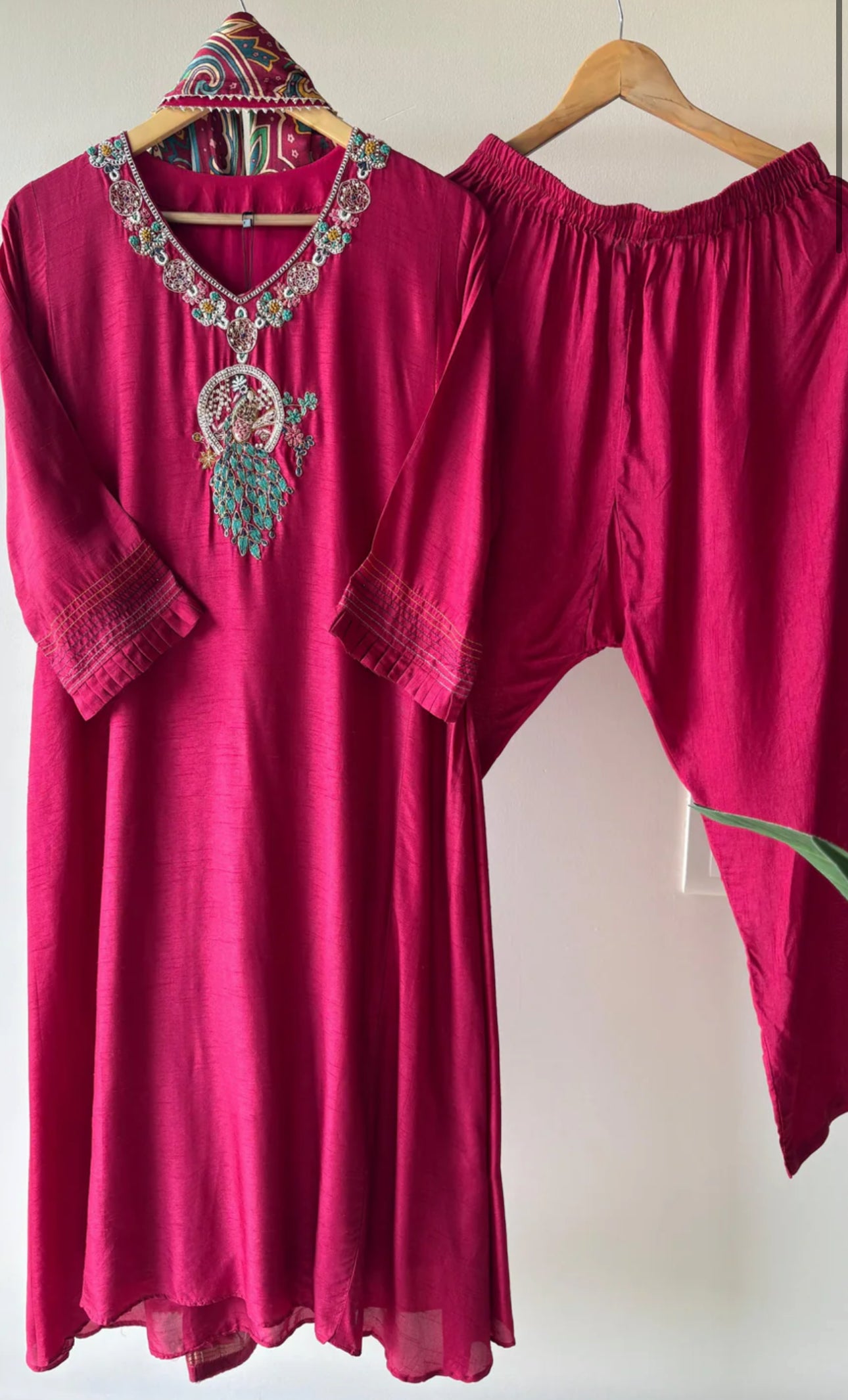 Beautiful rassberry Rani silk suit with Gajji dupatta