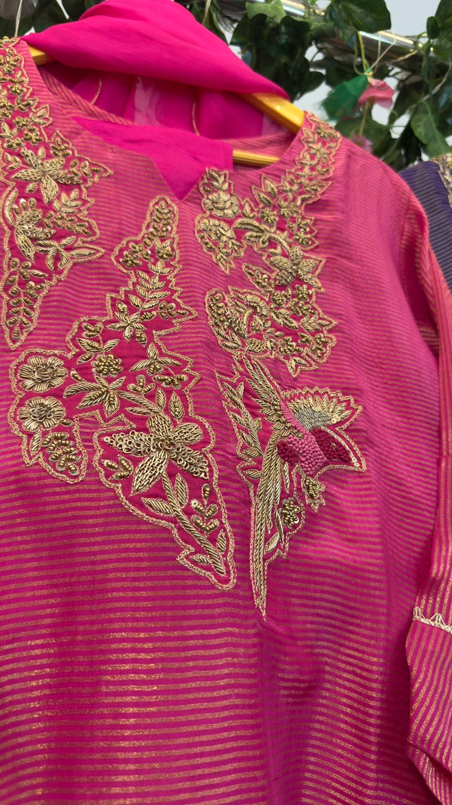 Zari soft tissue staright suit with organza Dupatta & silk pants