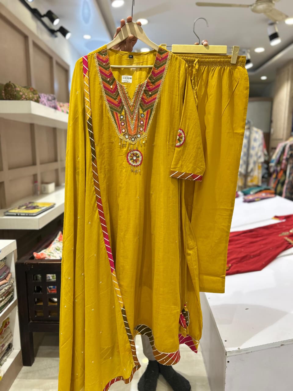 Yellow Pure cotton Anarkali with beautiful embroidery yoke crush dup and pants