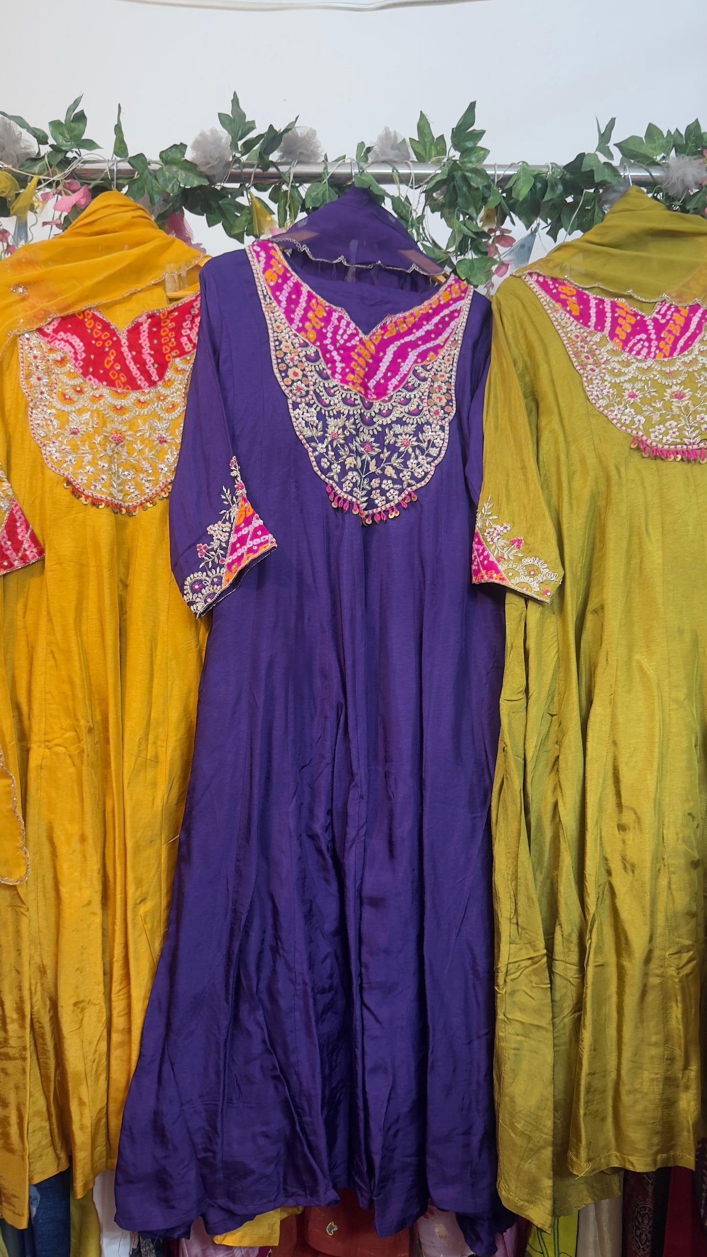 Pure silk Bandhani appliqué and handwork Anarkali