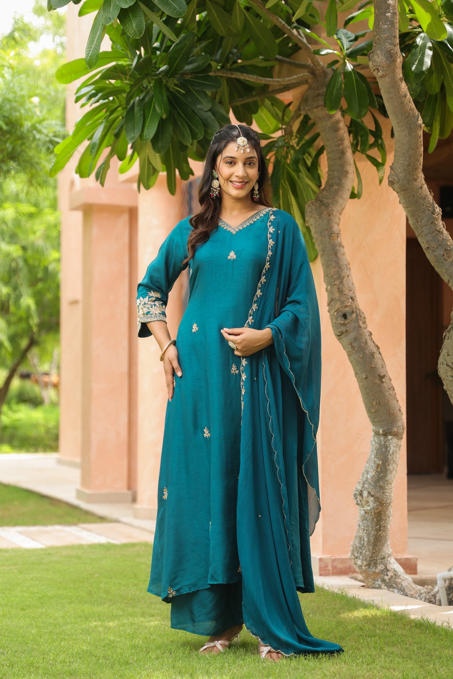 Blue Aline silk handwork suit