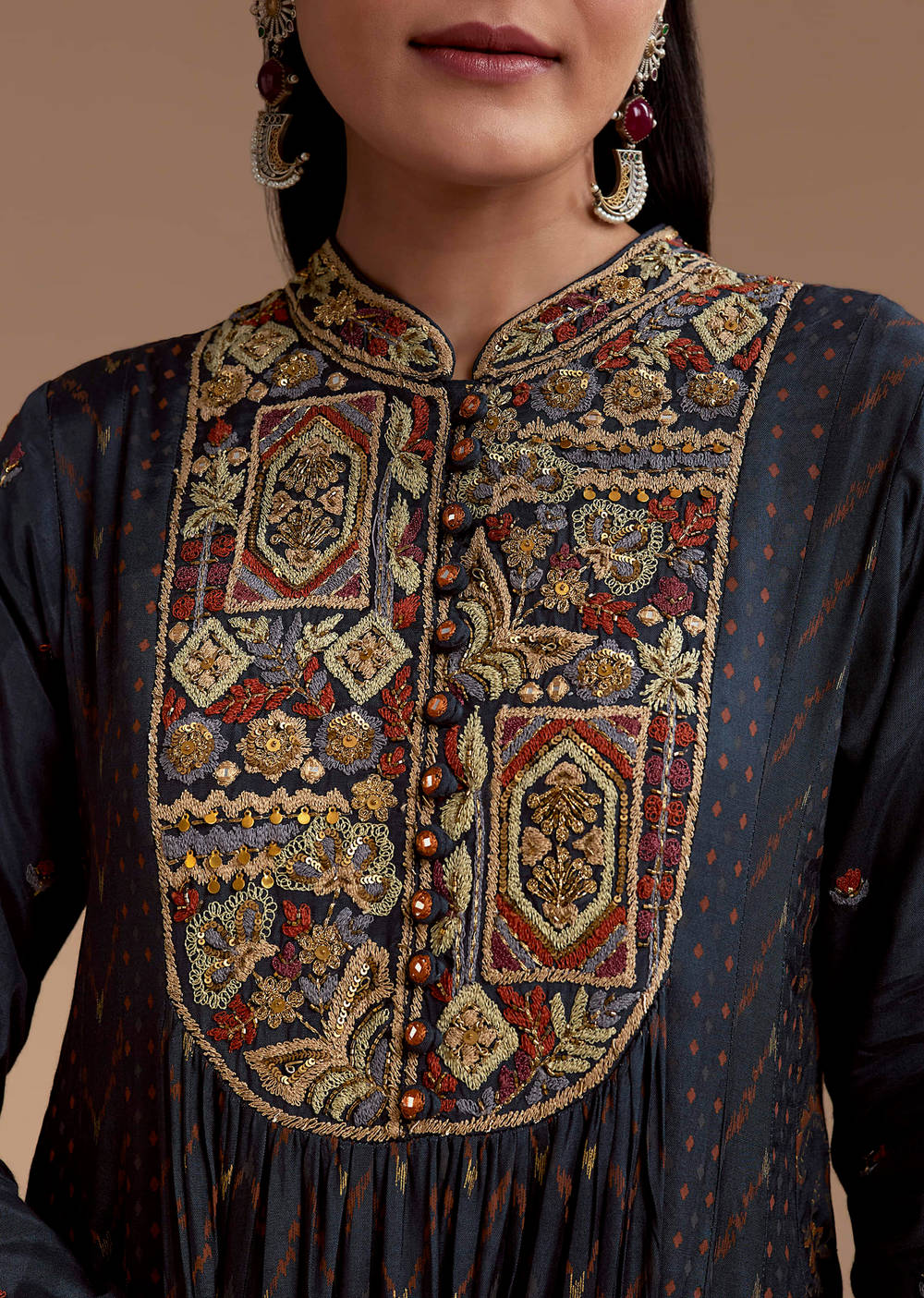 Boho navy blue heavy embroidery cotton silk kurta and palazzo set