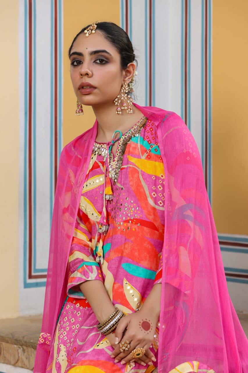 Blue and pink muslin silk
