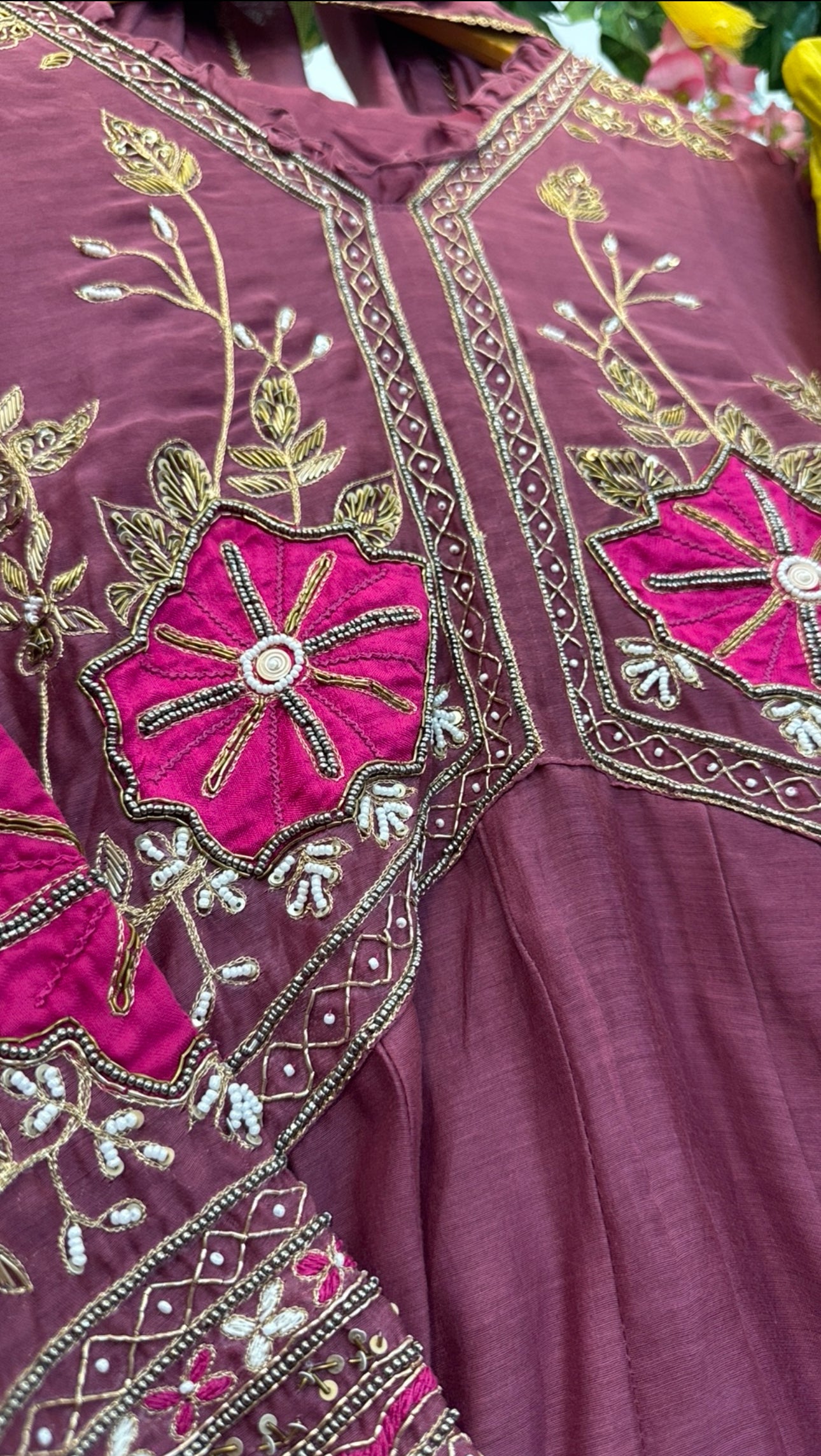 Designer neon pink appliqué mul chandari suit