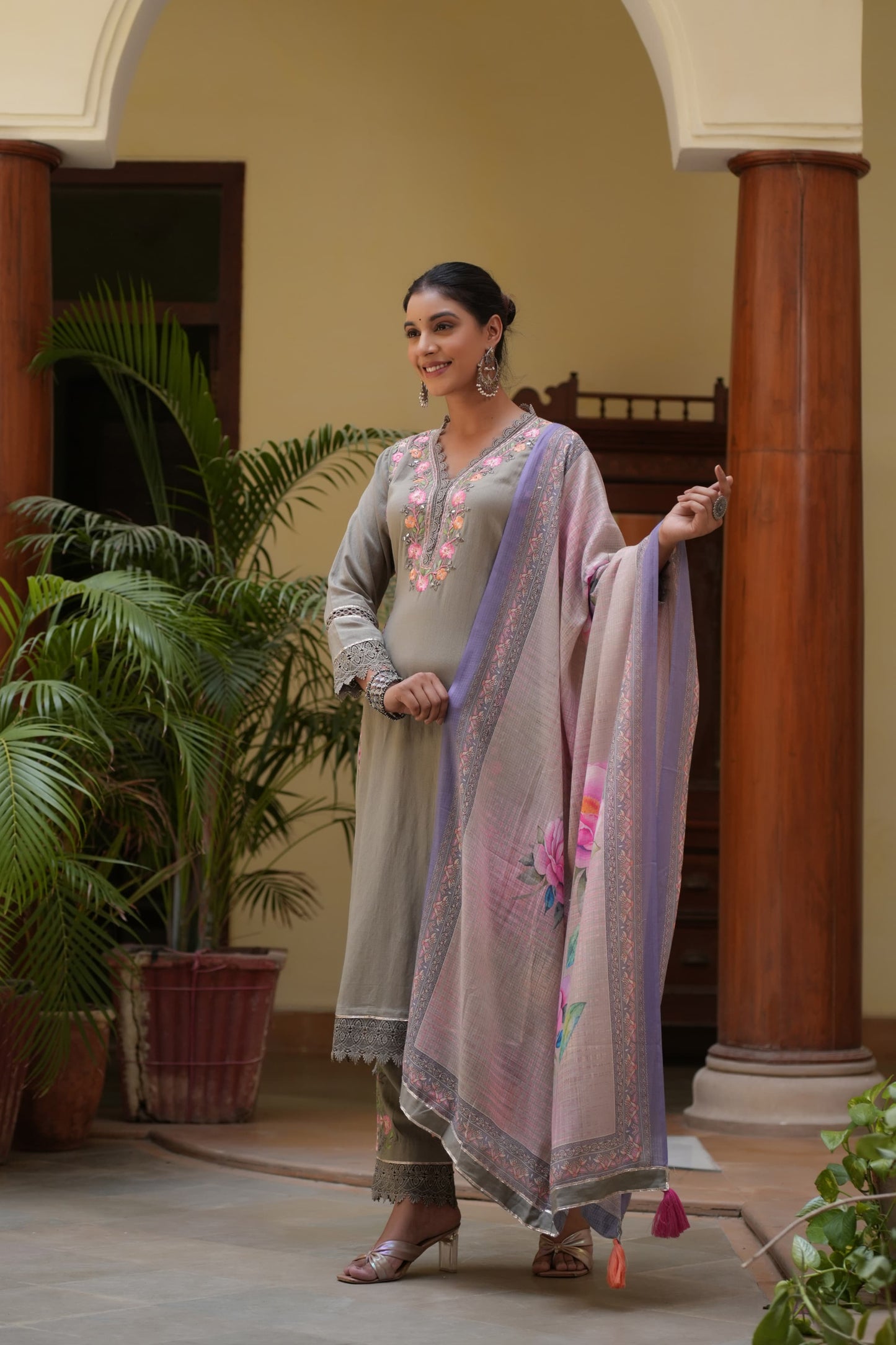 Grey muslin Parsi work