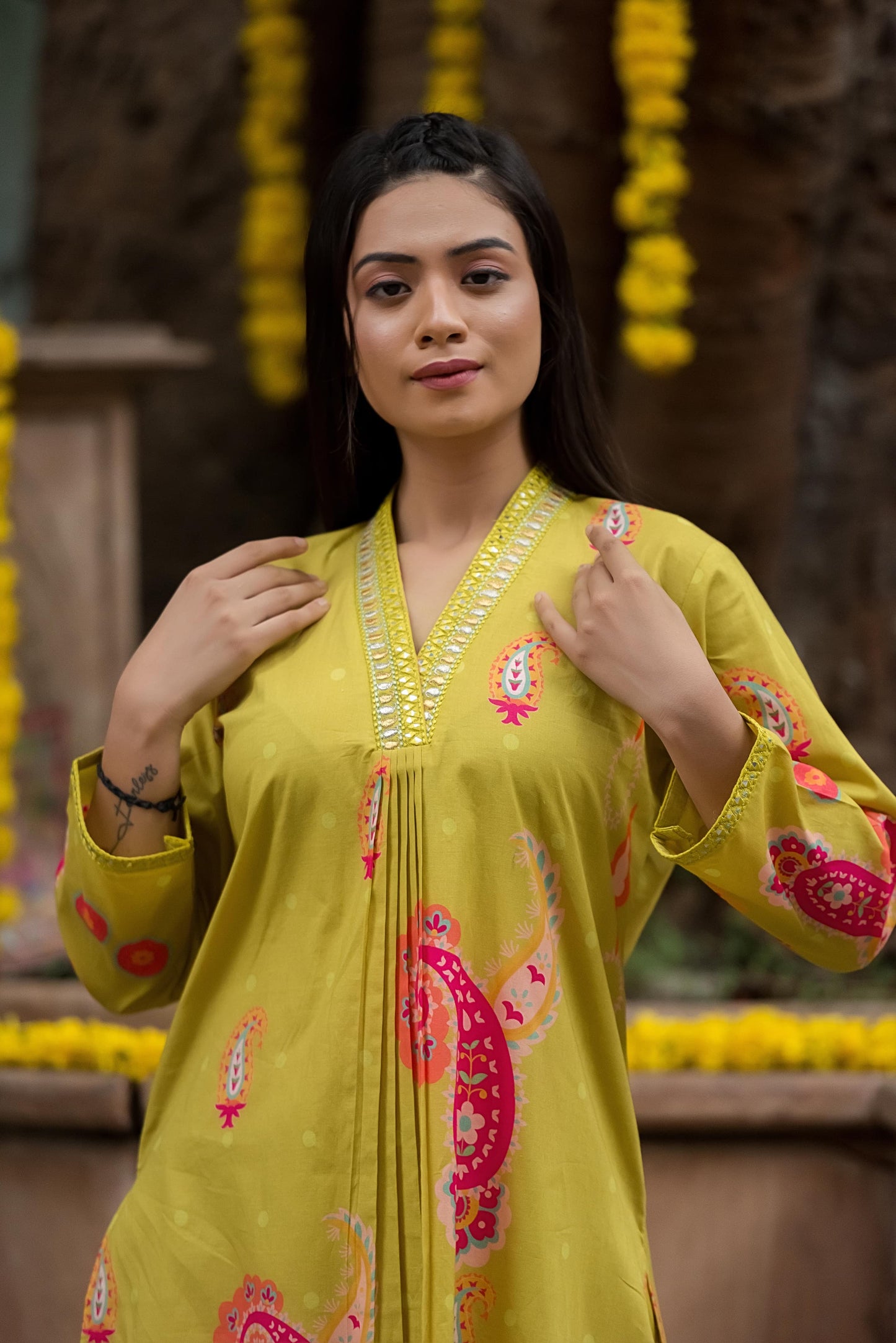 Classy lime yellow cotton print kurta pant