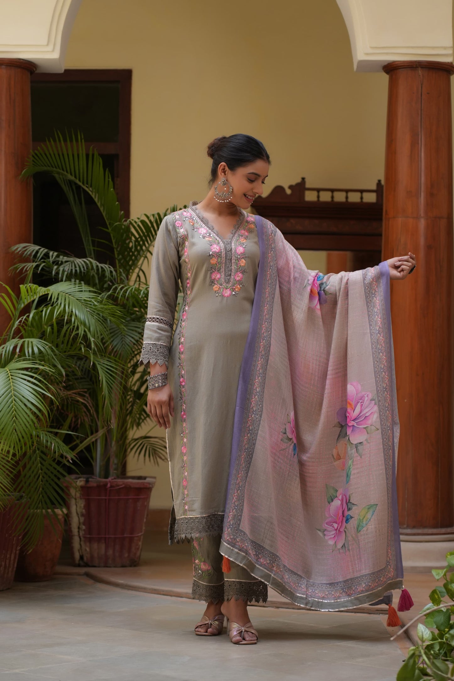 Grey muslin Parsi work