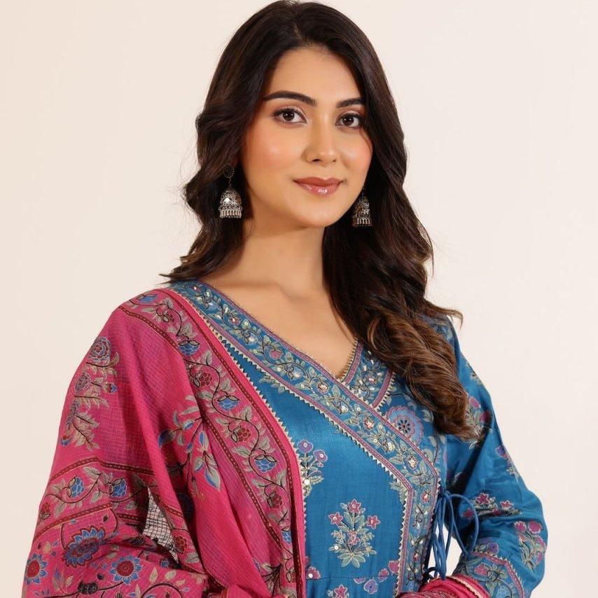 Blue Art silk gown paired with dupatta