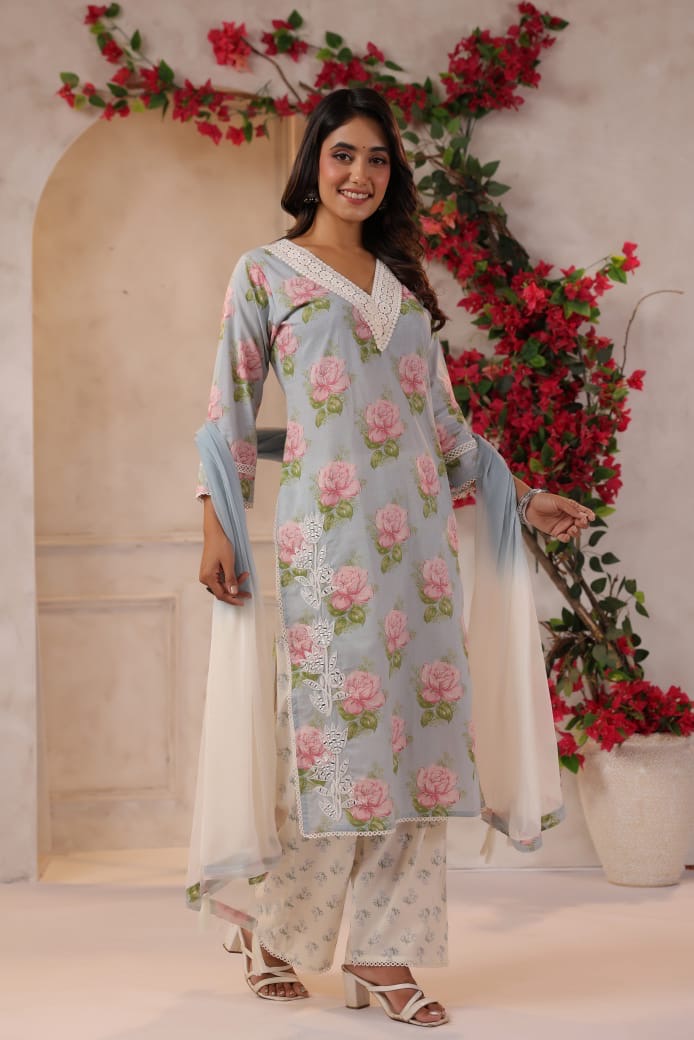 Floral blue cotton adaa suit
