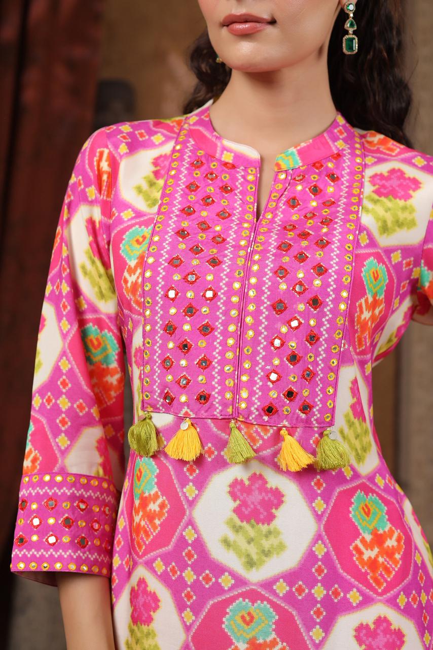 Pink Modal fusion kurta pant with real mirror work