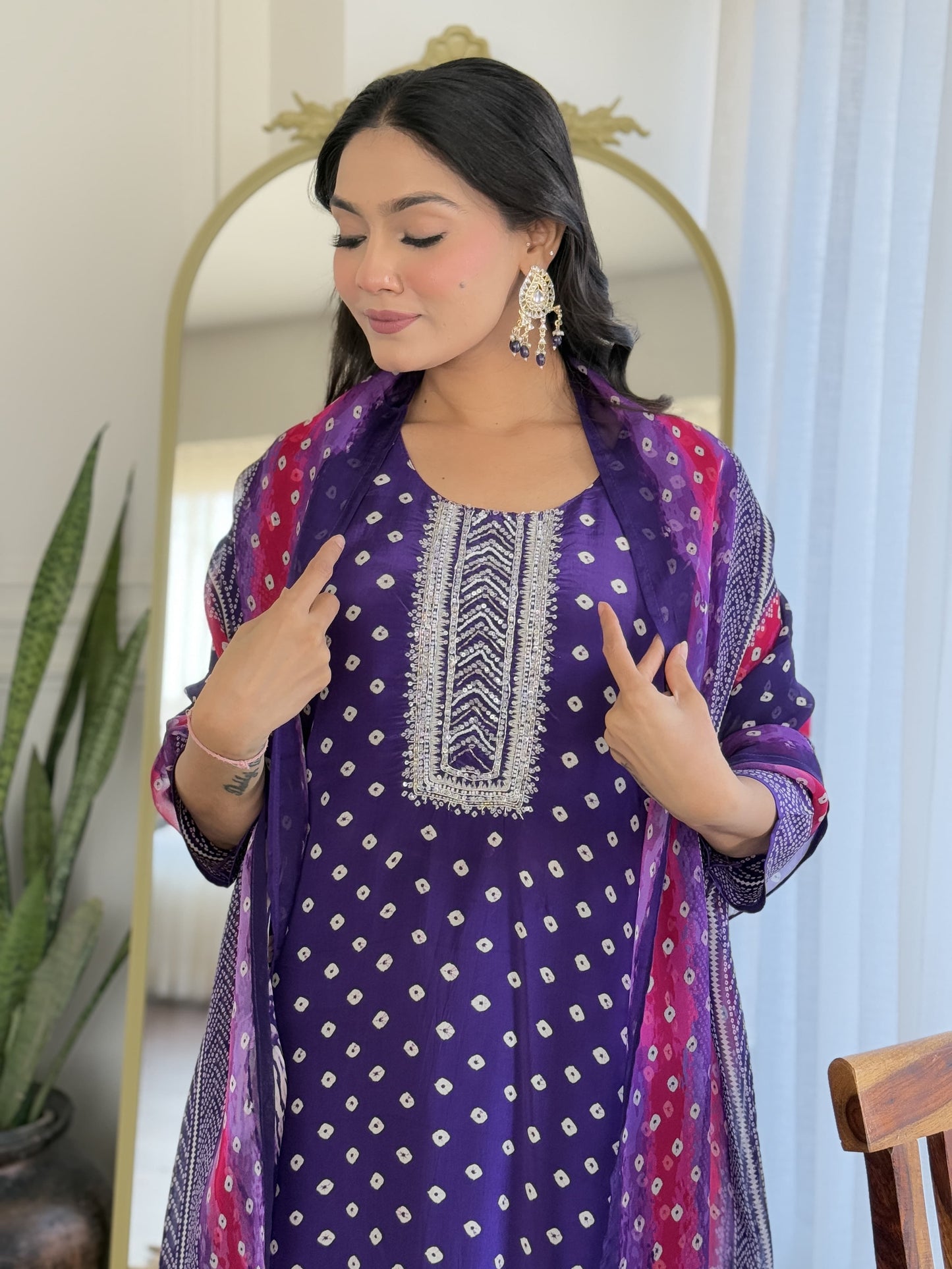Puprle Bandhani crepe suit
