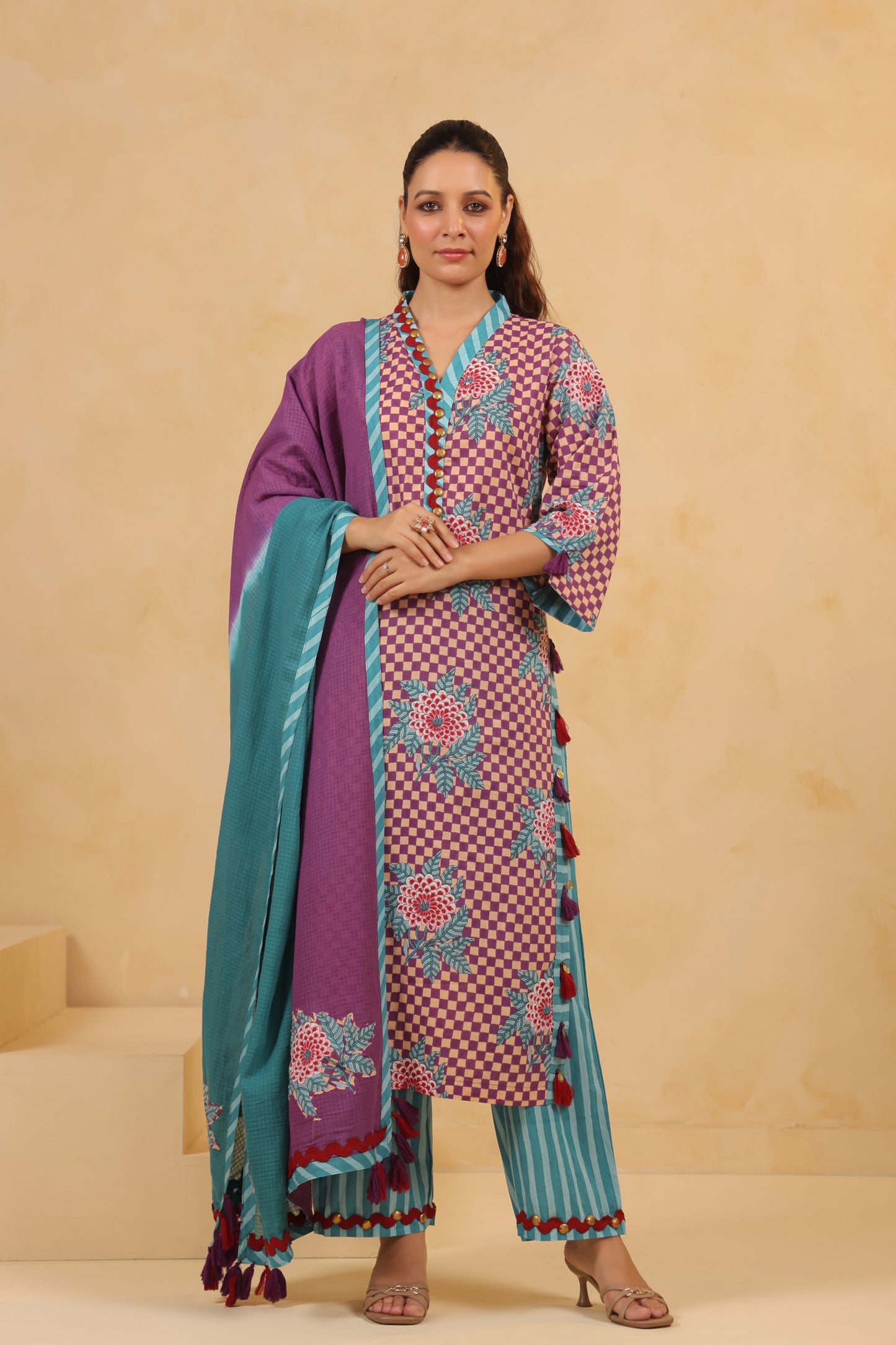 Gomertical cotton premium suit with beautiful detailing & kota doria dupatta