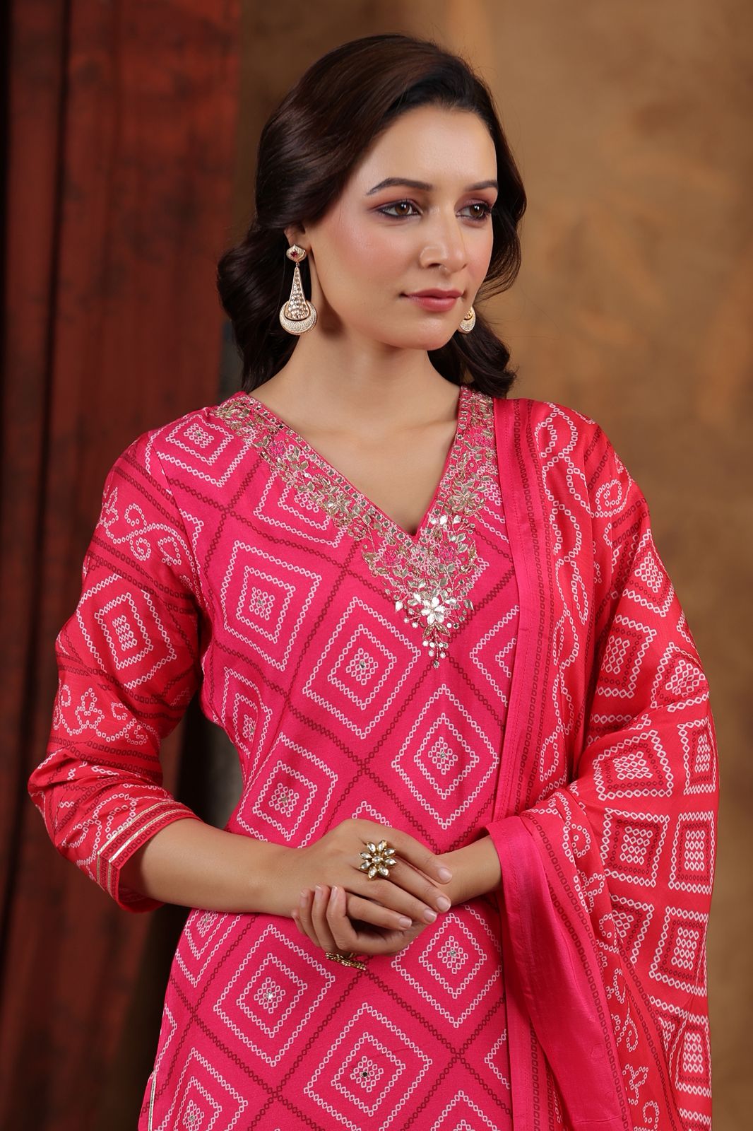 Red pink Bandhani muslin silk suit