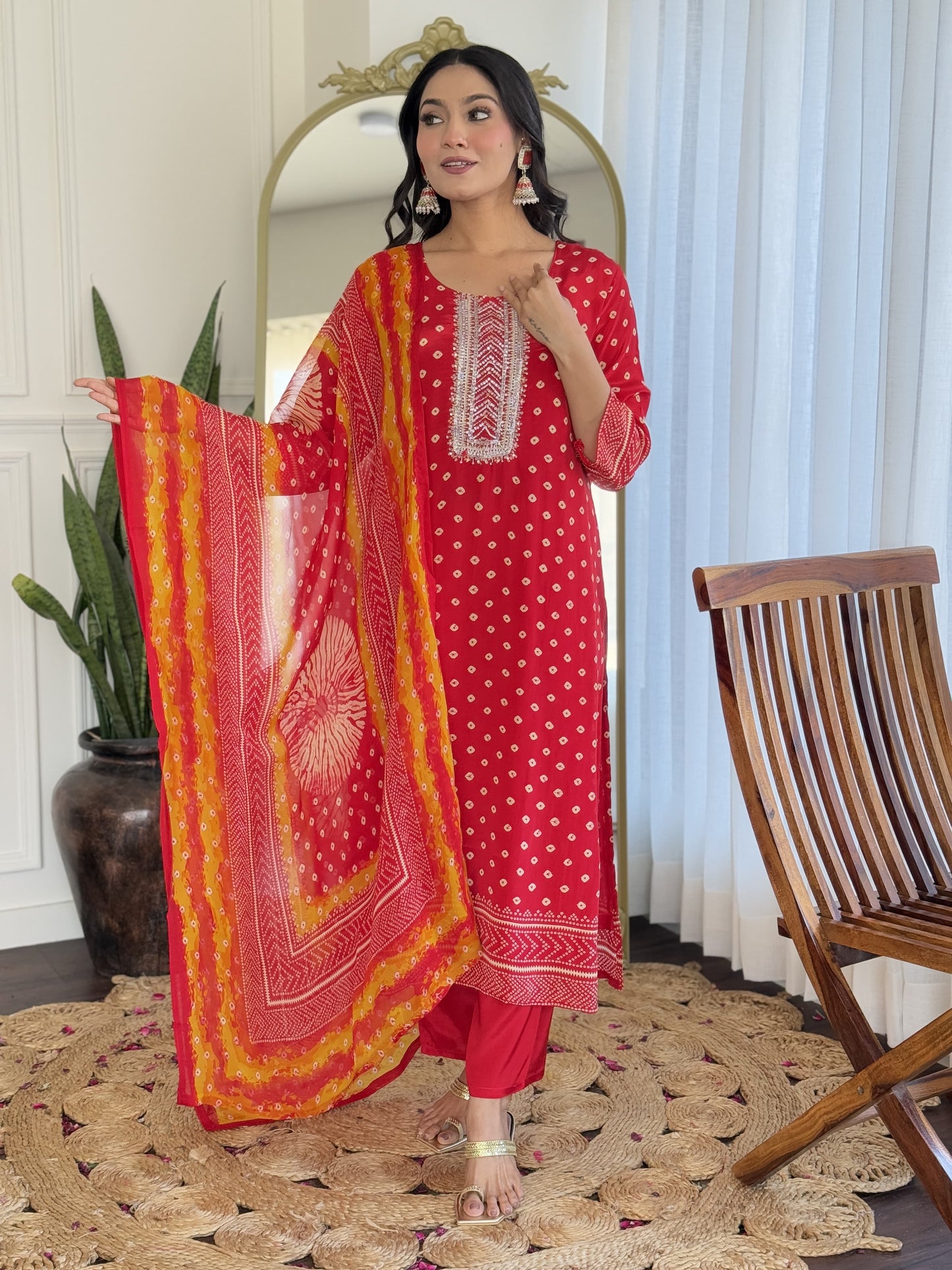 Red Bandhani crepe suit