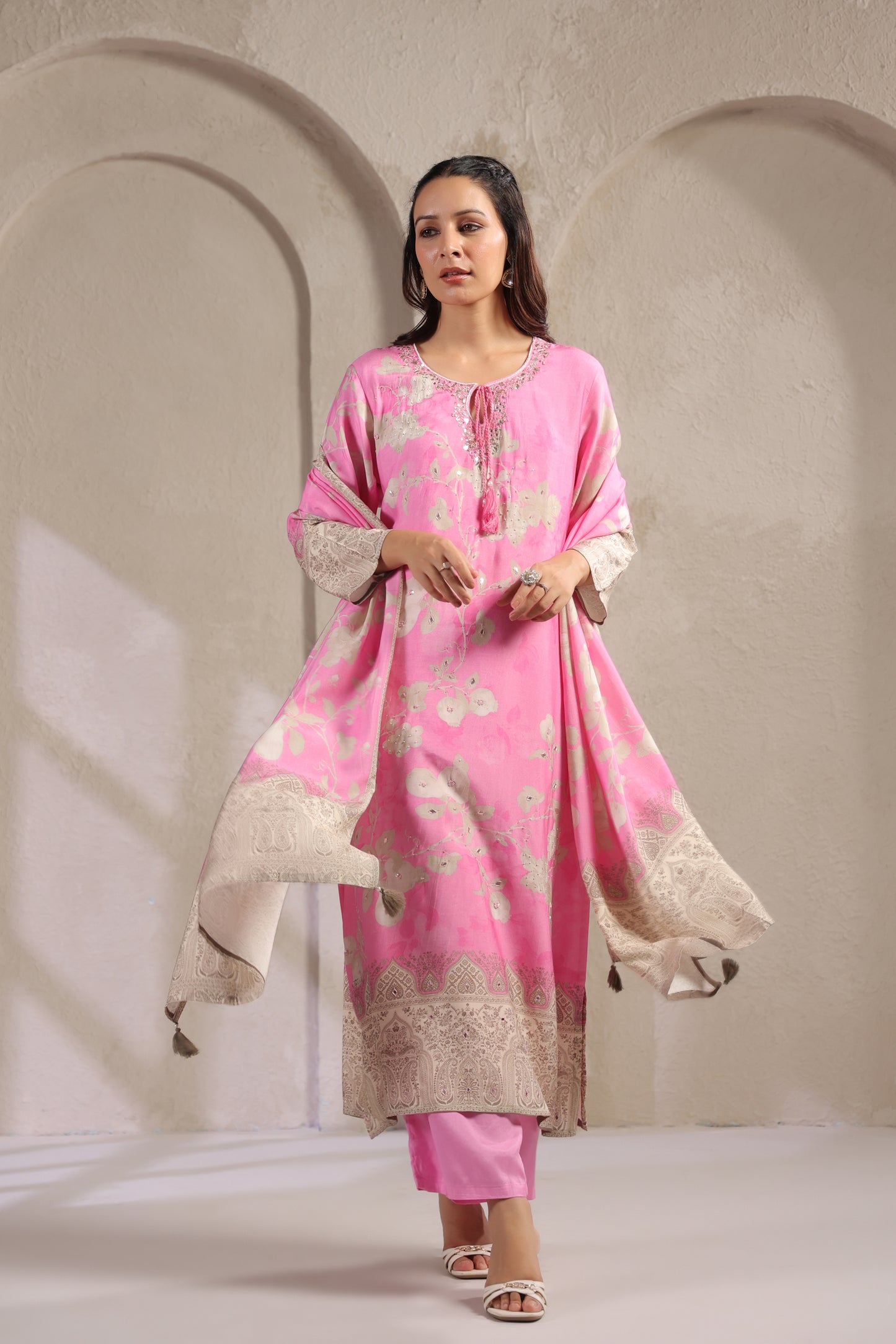 Baby pink digit muslin silk suit