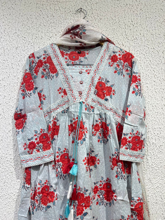 Sky blue red flower cotton