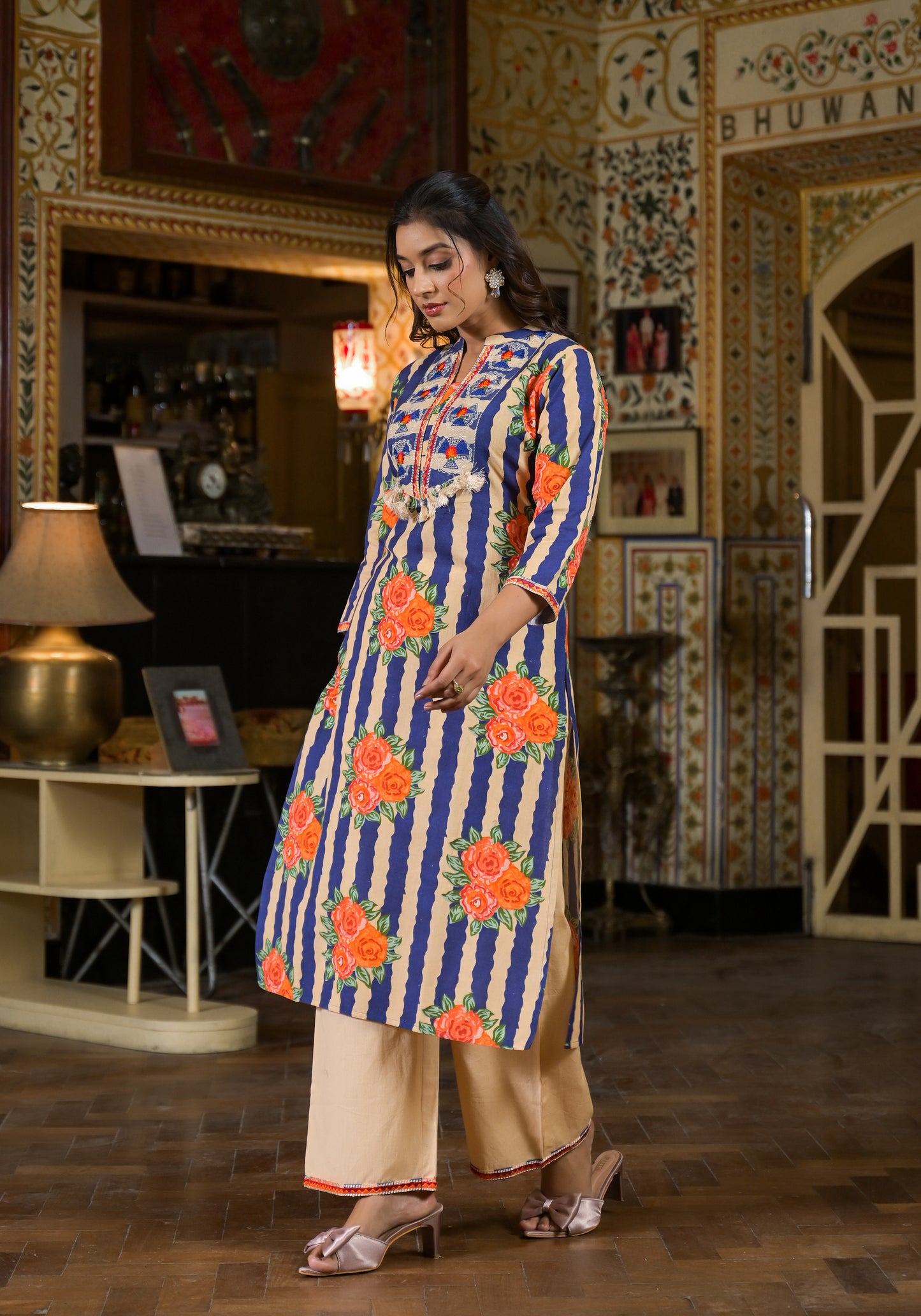 Stripe floral blue kurta pant