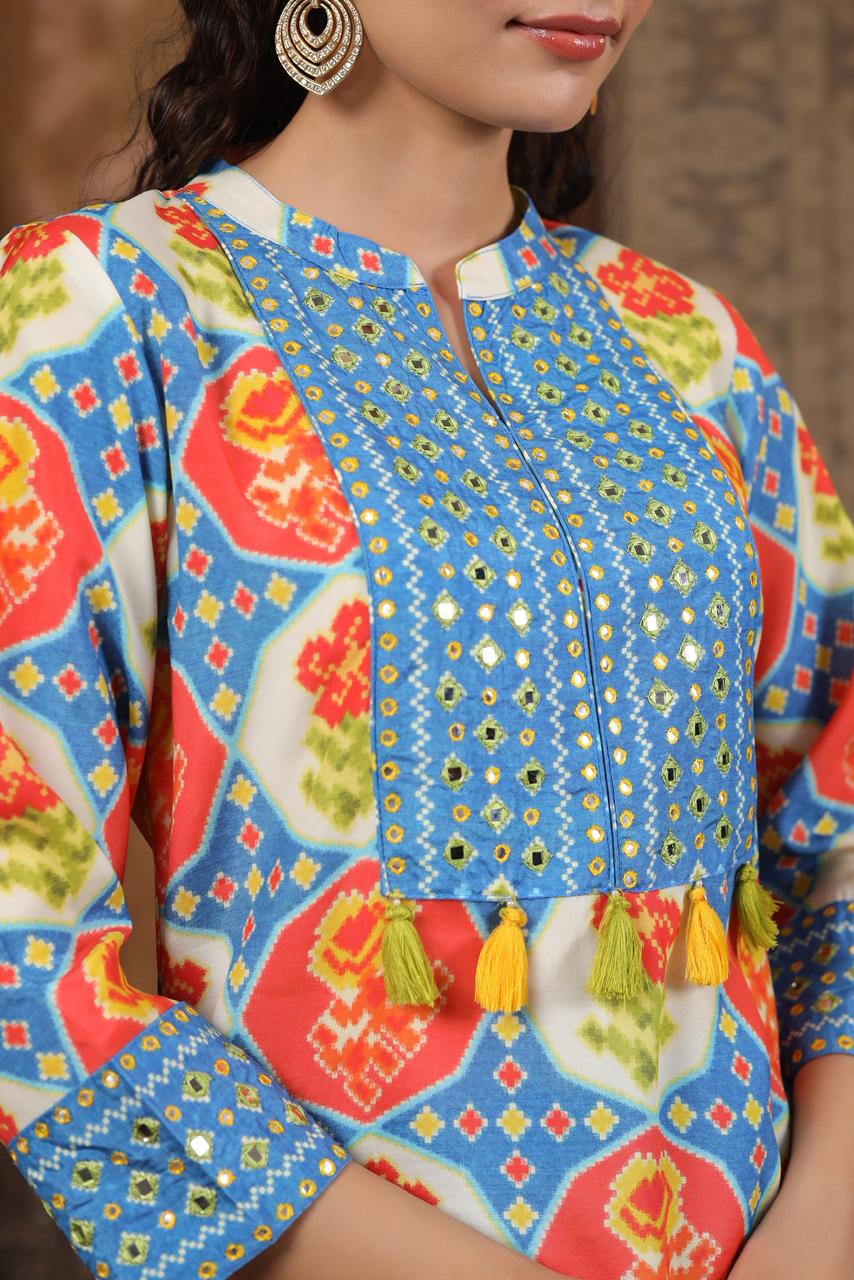 Blue Modal fusion kurta pant with real mirror work