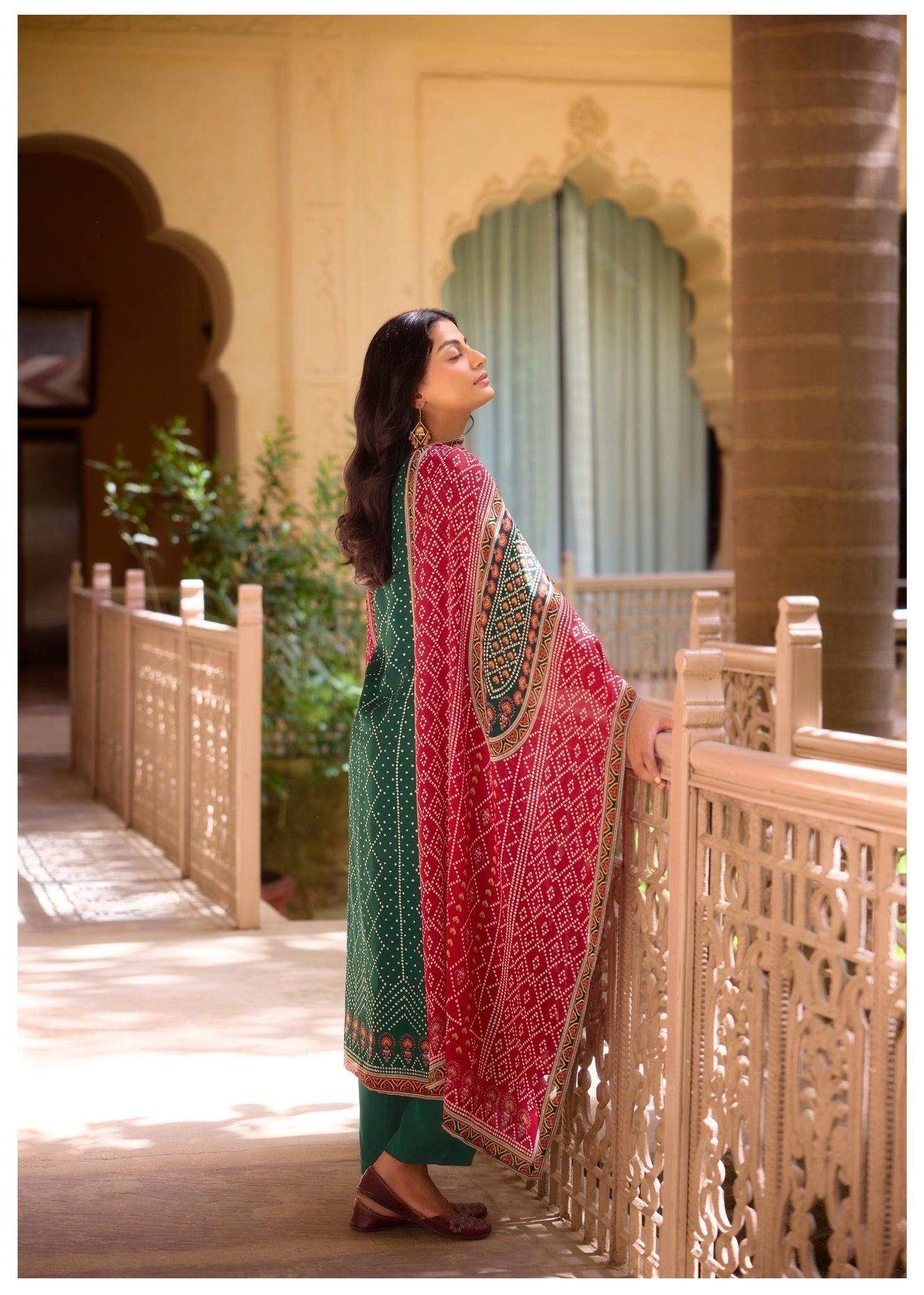 Bottle green Bandhani Russian silk suit