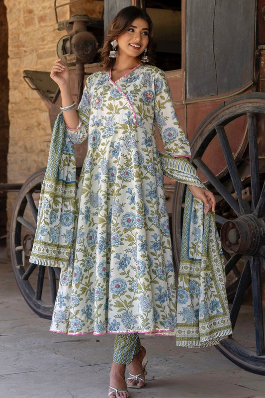 White And Green Printed Floral Angrakha Anarkali Suit