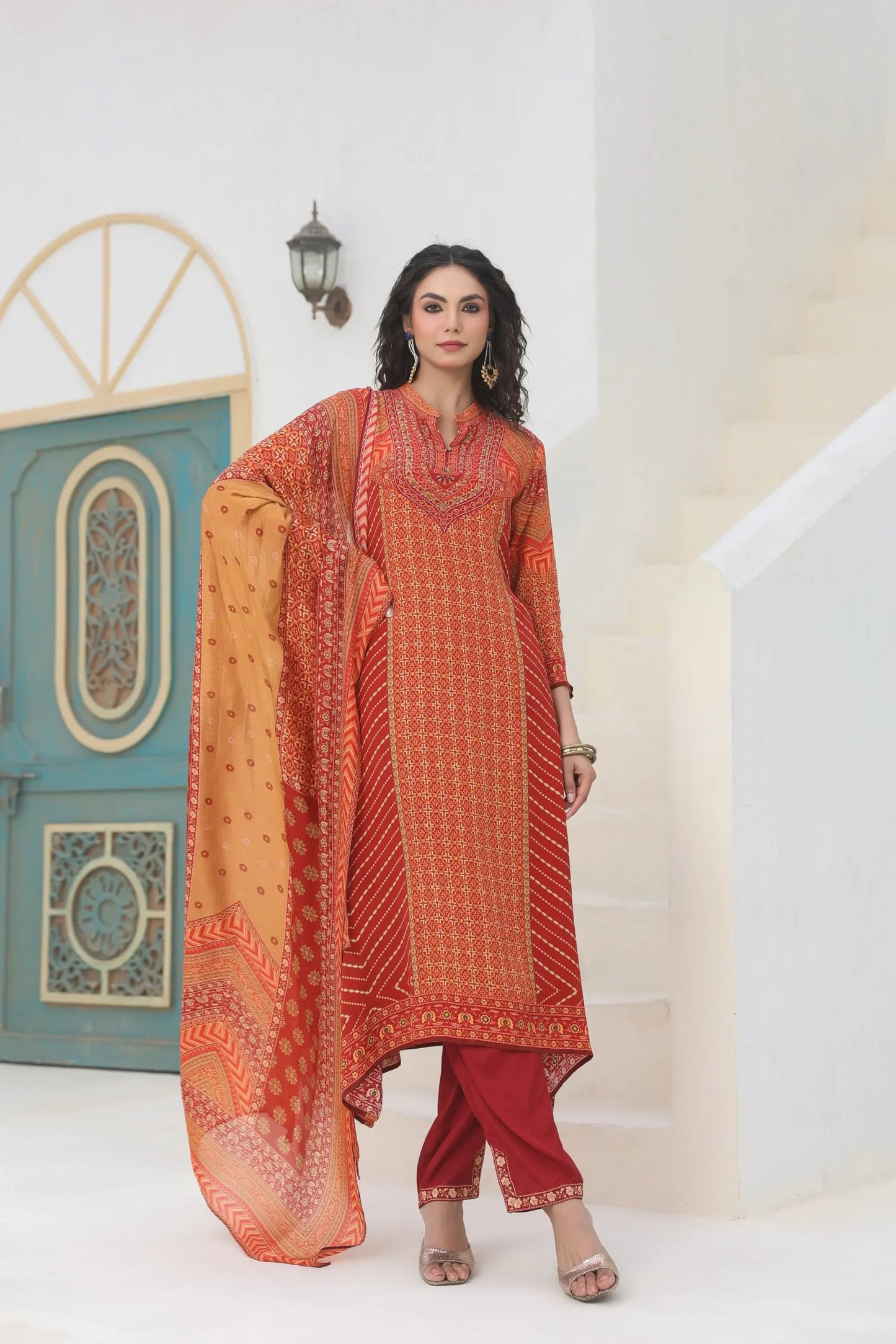 Traditional Print Straight Kurti With Pant And Printed Dupatta