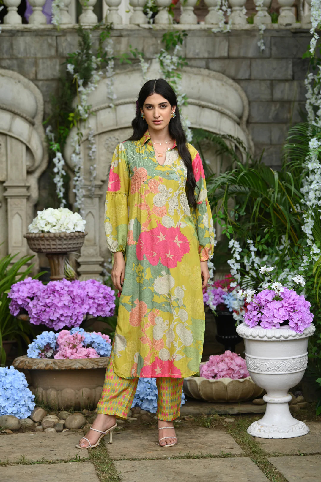 Lime Flower Muslin Kurta Set