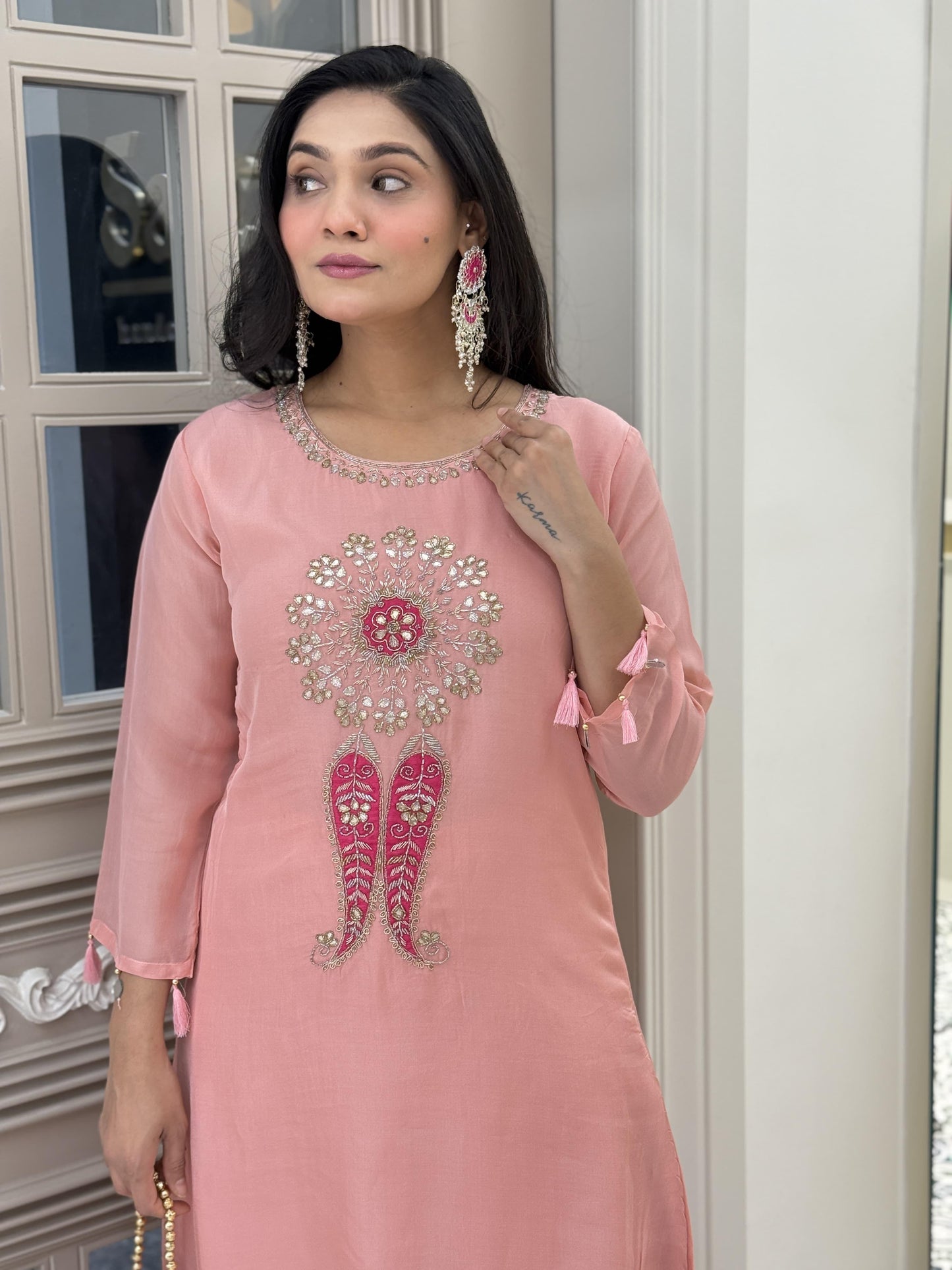 Peach pink organza top with handwork with Santoon silk pants