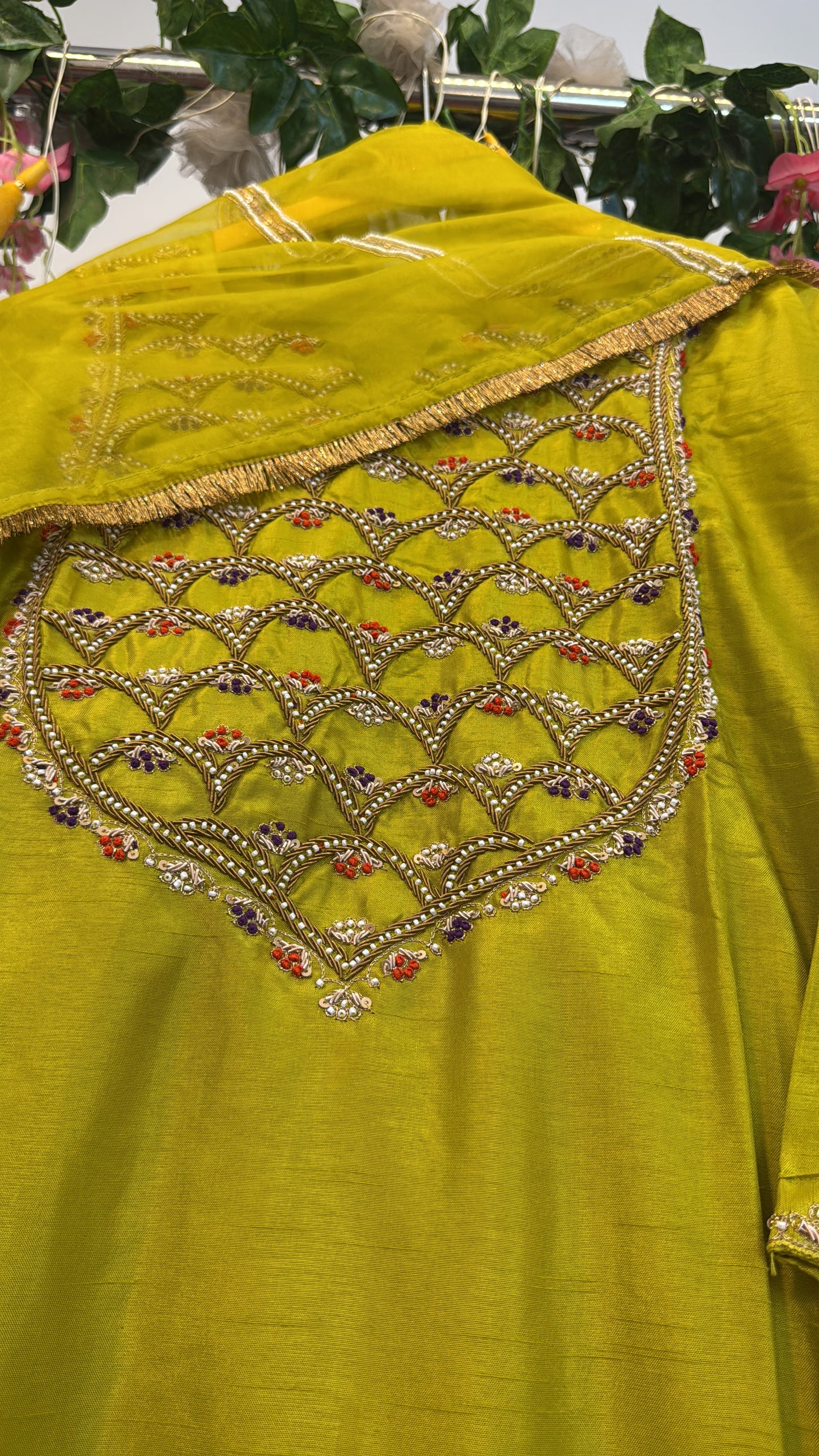 Red/ green Net ethnic hand work