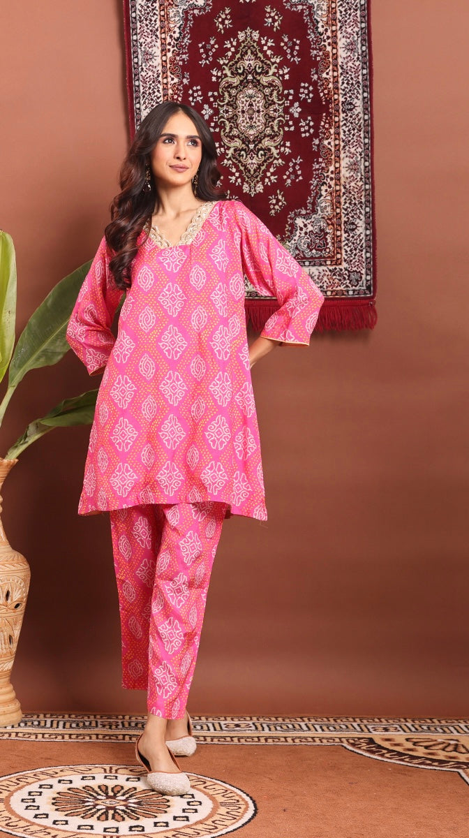 Festive red/pink bandhej co-ord set with adda work on neckline