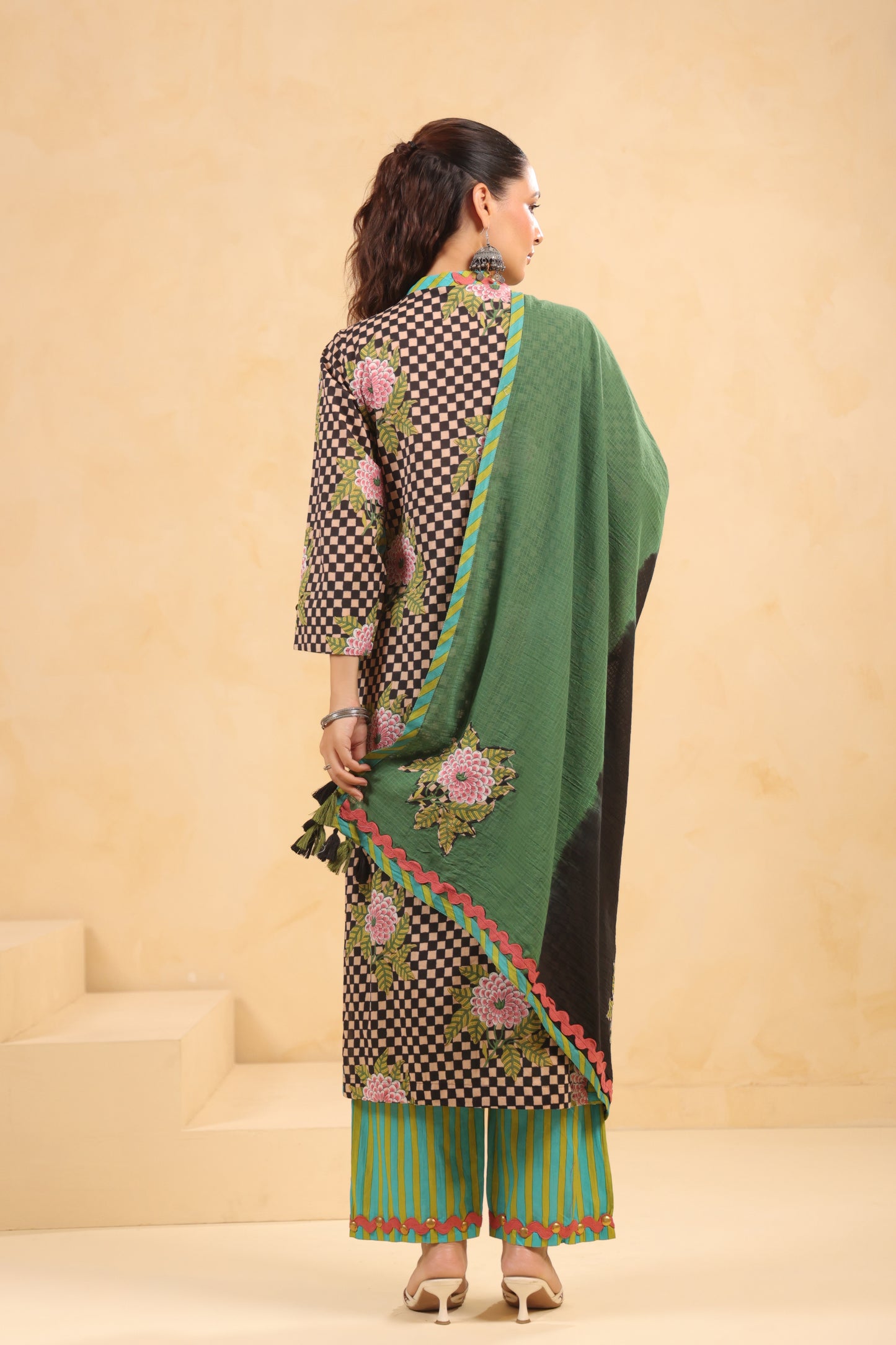 Black Gomertical cotton premium suit with beautiful detailing & kota doria dupatta
