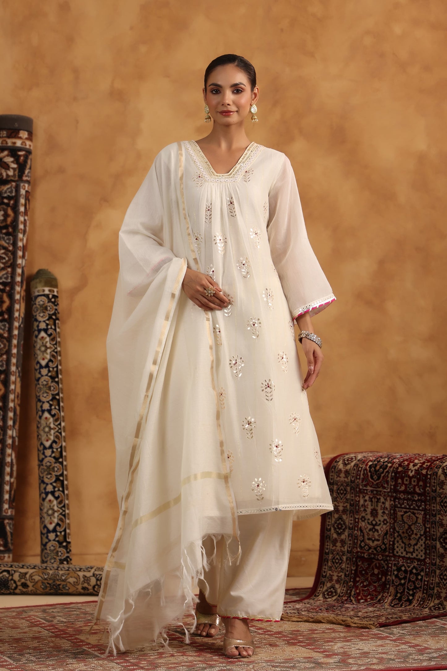 Cream Beautiful gota Full Suit Set With Dupatta In Mul Chanderi Fabric