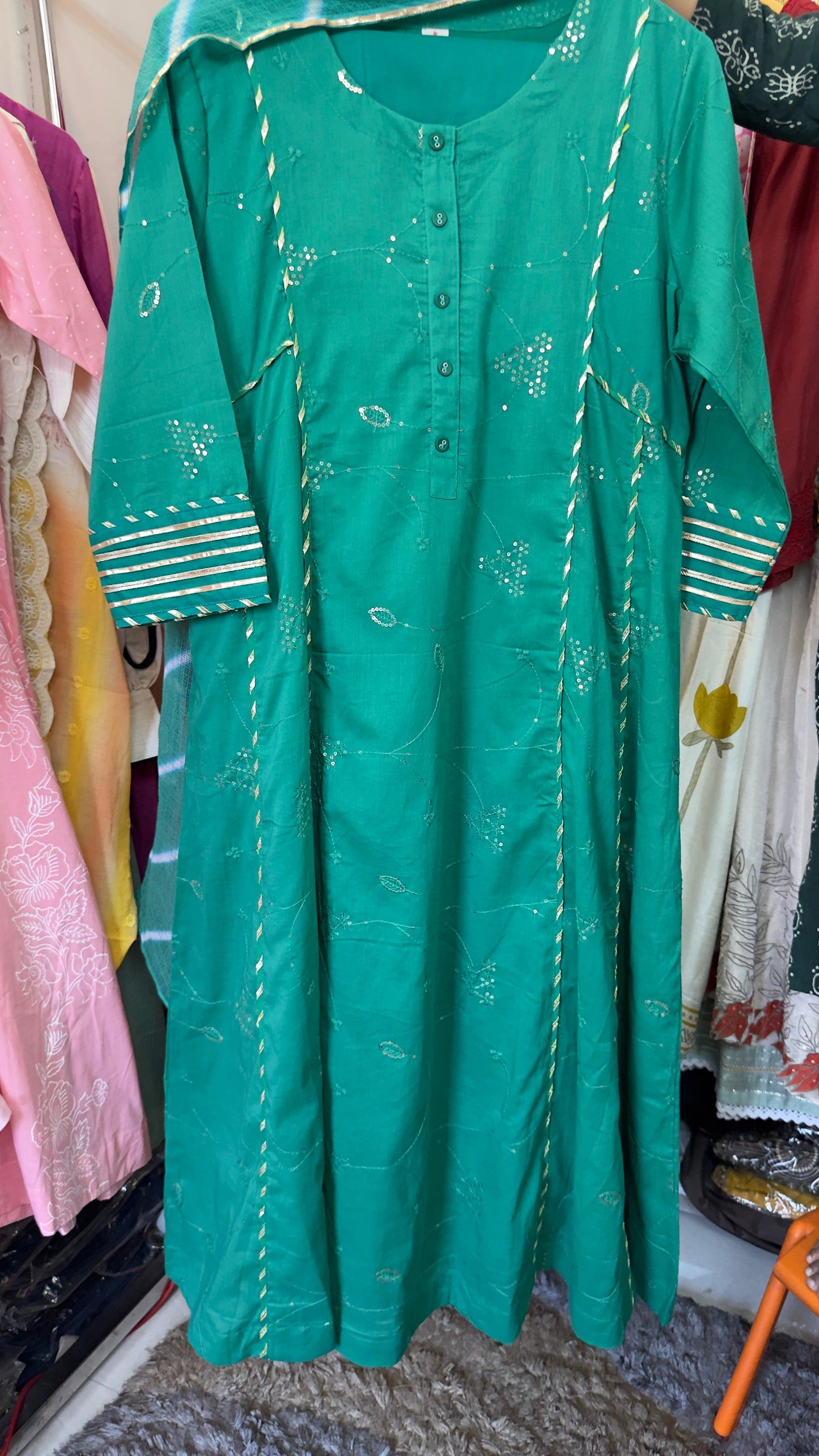 Green Aline cotton suit with Kota doria dup and cotton pants