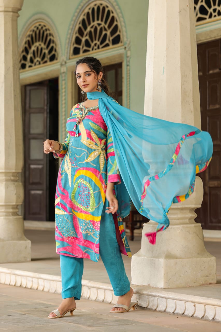 Blue and pink muslin silk