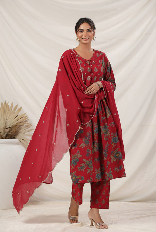 Marron flower hand block cotton