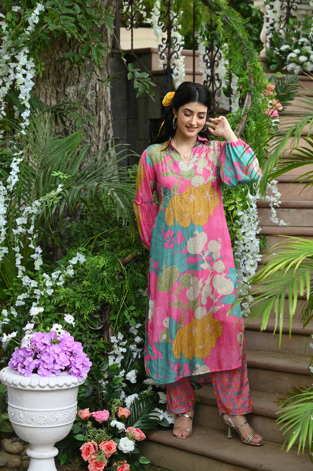 Pink Flower Muslin Kurt Set