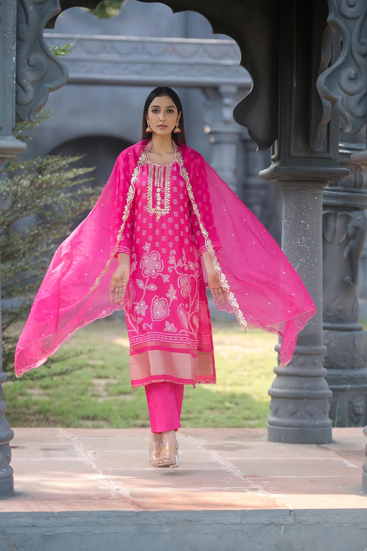 Classy pink Bandhani silk suit