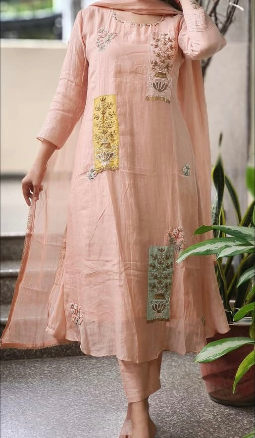Unique Rectangular applique Floral Zardosi Handwork A-Line Pure Mul Chanderi Full Sui
