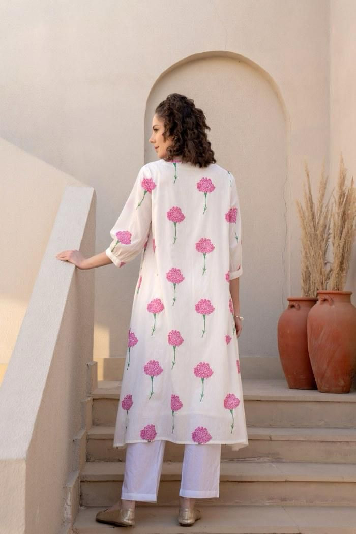White with pink flower cotton kurta pant