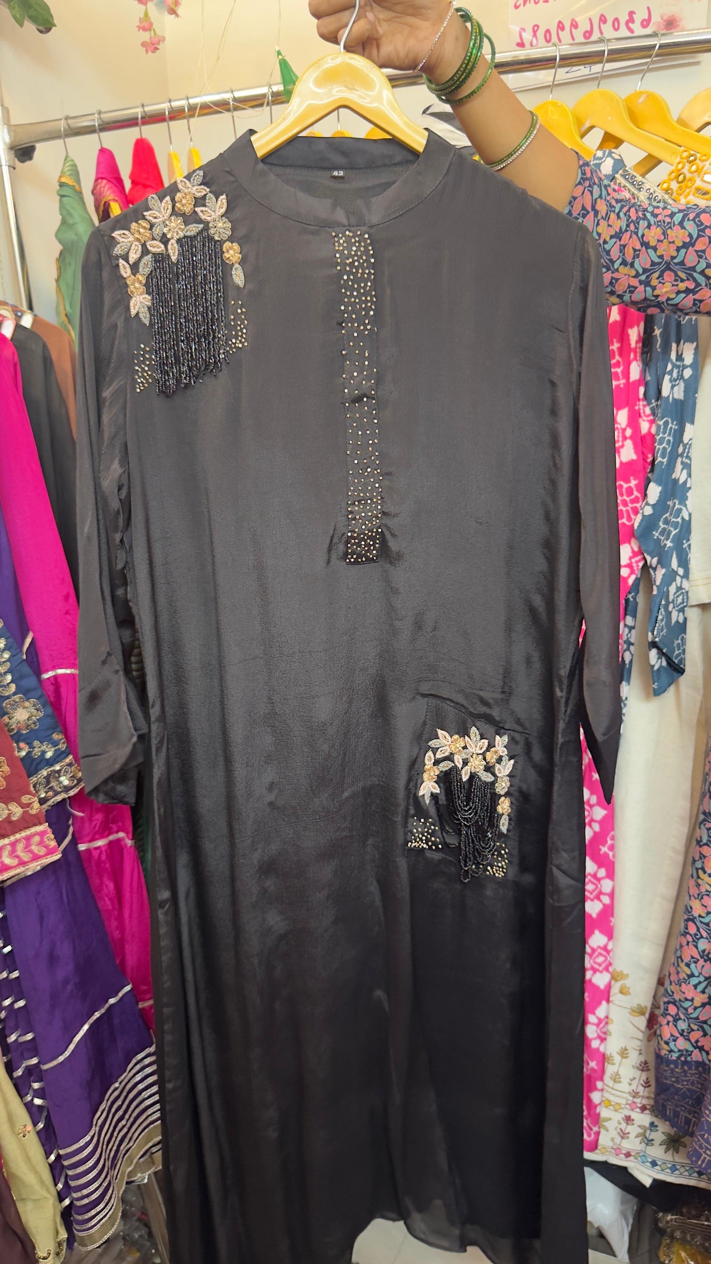 Pure chinon kurta pant set with beautiful work on shoulder & pocket